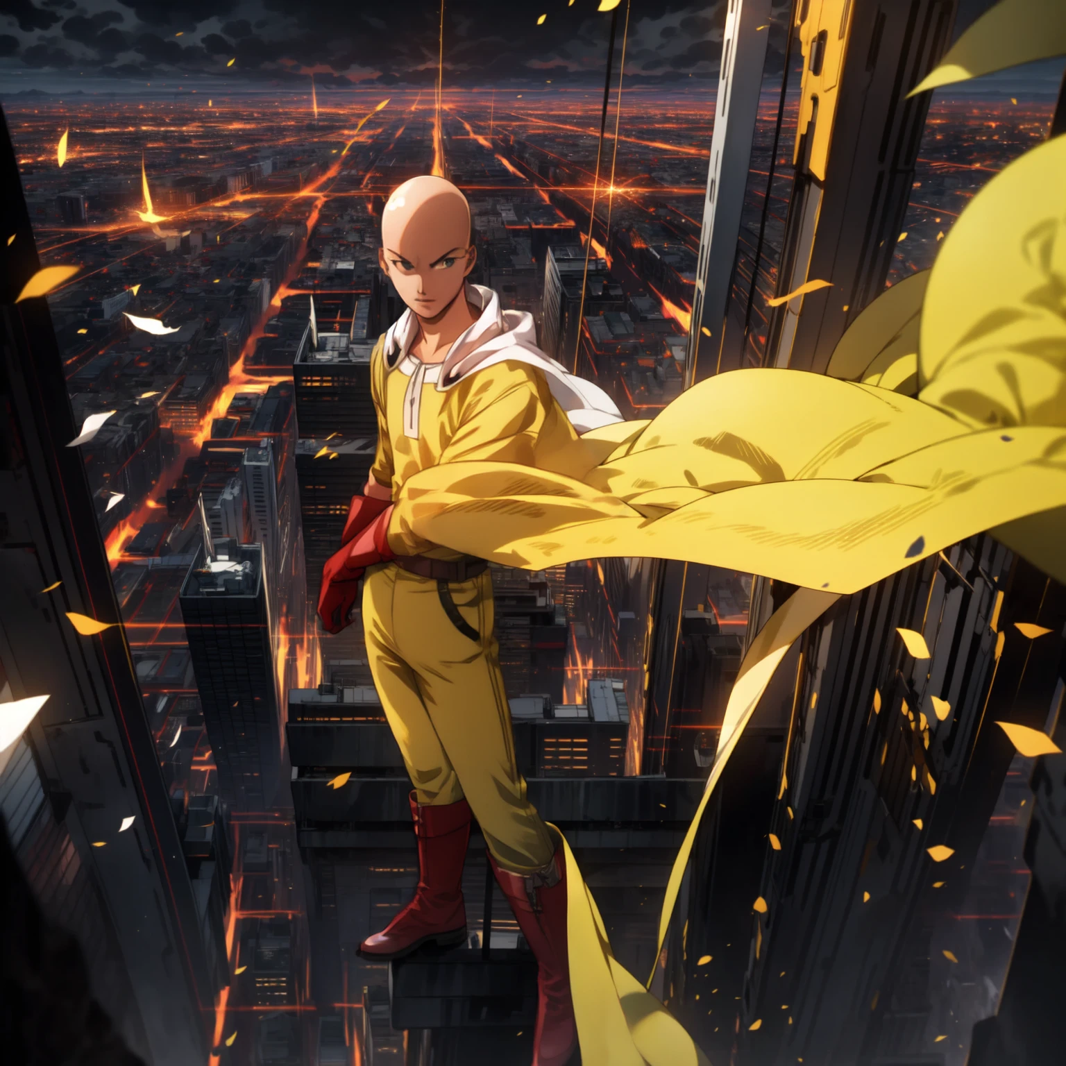 masterpiece, best quality, 1boy, (saitama), blad head, yellow clothe, black eyes, red gloves, red boots, standing, smiling, angry face, aura power, night, natural light, standing, angry eyes, evil smiling, male focus, strong muscles, movie composition, flying, bokeh, (futuristic), (full body), city view, flying above the city, scary look, godly strenght, yellow emergy around him