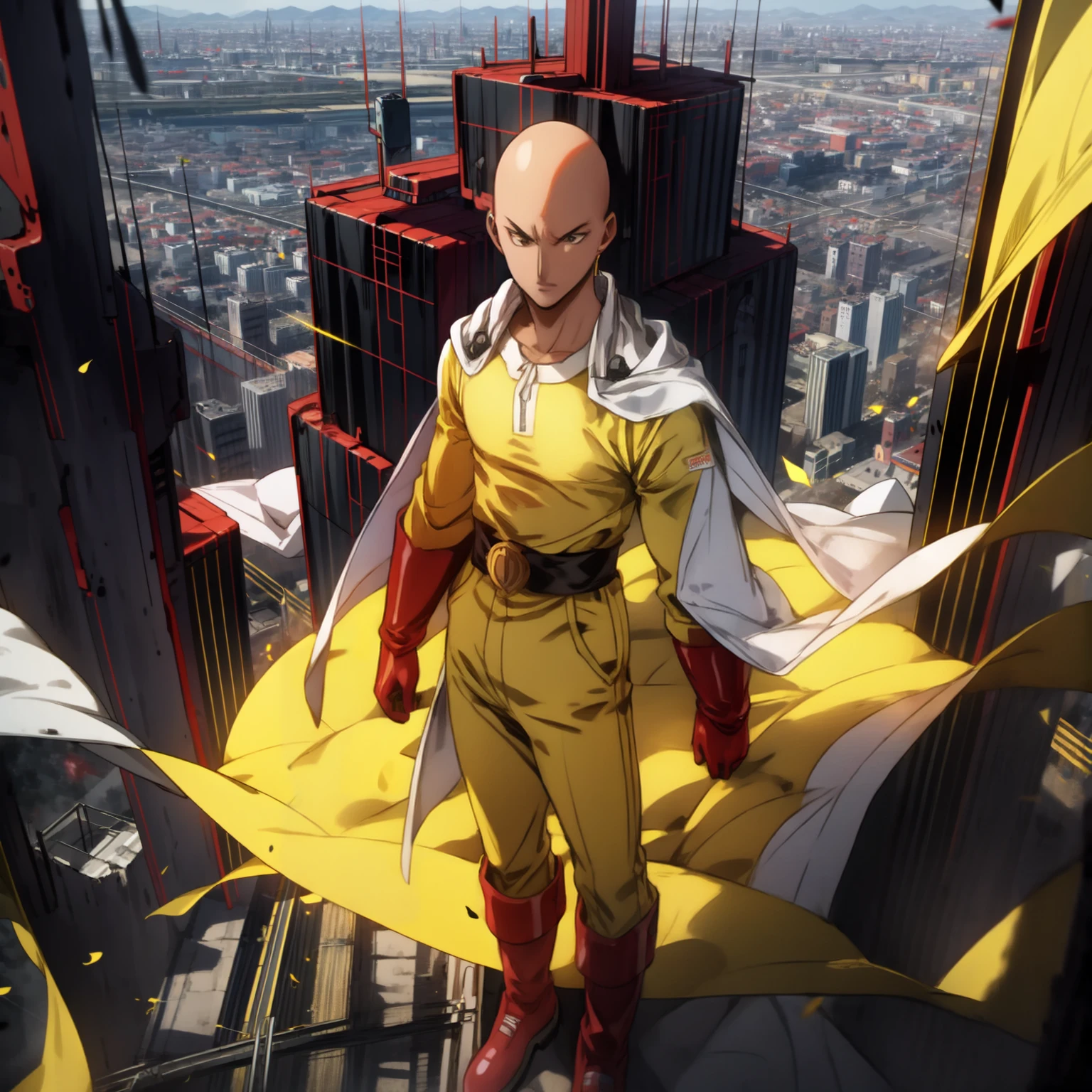 masterpiece, best quality, 1boy, (saitama), blad head, yellow clothe, black eyes, red gloves, red boots, standing, smiling, angry face, aura power, night, natural light, standing, angry eyes, evil smiling, male focus, strong muscles, movie composition, flying, bokeh, (futuristic), (full body), city view, flying above the city, scary look, godly strenght, yellow emergy around him