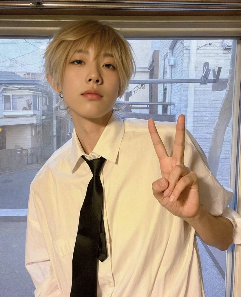 Un chico de pelo rubio con camisa blanca y corbata haciendo un signo de paz., cai xukun, with the index finger, pintar ulzzang, handsome japanese demon boy, Kim Doyoung, pose de anime guapo, sakimichan, delicate androgynous prince, Jung Jaehyun, con pelo corto, toru furuya, inspirado en Bian Shoumin