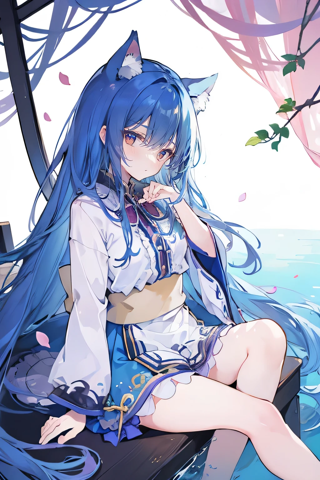 (masterpiece:1.2),Super detailed,Practical,expressive eyes,Fair skin,Perfect face shaping,1 Girl,
Japanese cartoons,Gorgeous blue hair, the long flowing blue hair,Floating clothes,Cat ears,Petals falling,beautiful lola,Young Angel,
Hands on waist,sit elegantly on the ground,Cross your legs,Gentle and peaceful background,Cool and cozy pavilion.