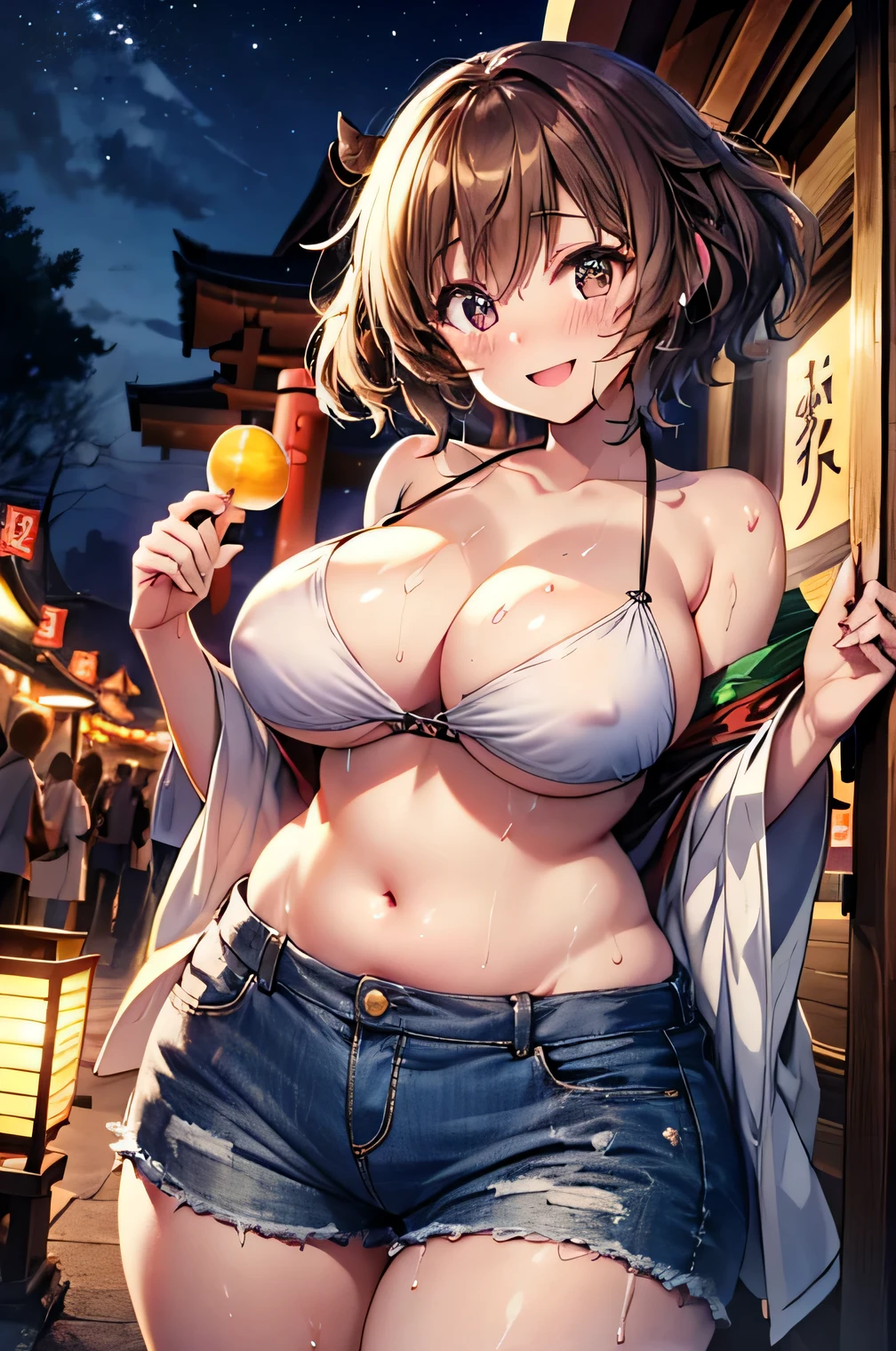 Anime illustration、highest quality、A short and plump high school girl、Shrine torii gate、Summer Night Festival、congestion、A row of food stalls、Tube top、hot pants、Perfect proportions、overwhelmingly big breasts、Thick legs、Beautiful, shining eyes、Cowboy Shot、smile、Excessive sweating、Noise Reduction