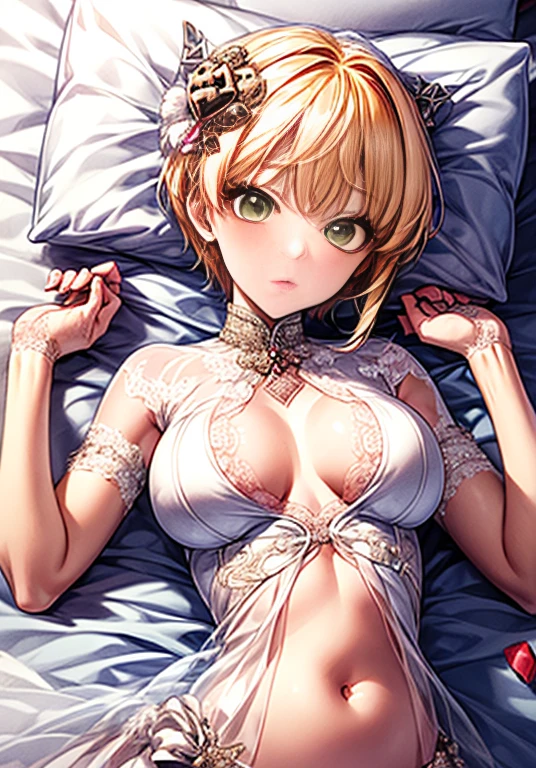 (Wedding dress, deposit, Head ornament:1.2), masterpiece, highest quality, Lying Girl, alone, (Upper Body),Green Eyes、Shortcuts、Blonde, Medium breast、 belly button, Shiny, Shiny肌, bed sheet, pillow, 、See-through、White skin