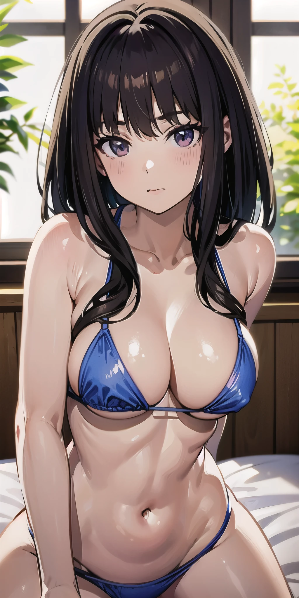 (masterpiece, best quality, highres, UHD, perfect pixel), Inoue Takina, Long hair, Bangs, Black hair, (Purple eyes:1.2), medium breasts, indoor, bedroom, dynamic pose, busty, perfect body, POV, close up, blushing, (cleavage:0.8), natural light,metalic ultra microbikini