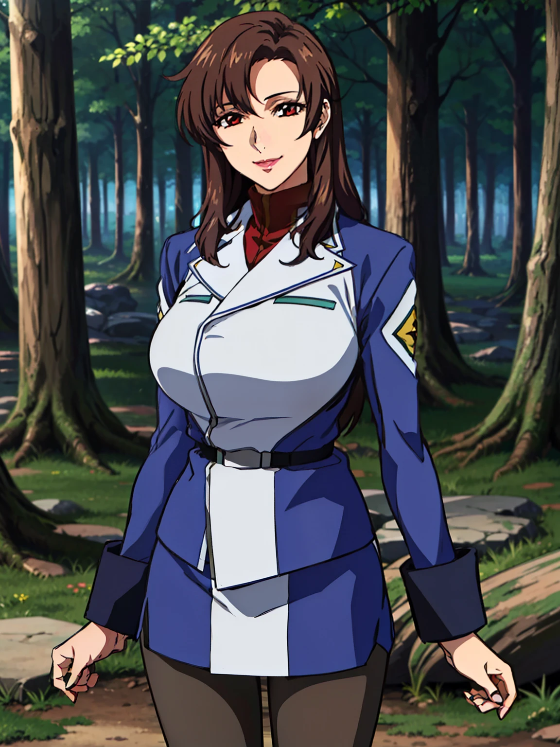 military uniform, military,jacket,blue and white uniform,Skirt, (black_pantyhose:1.3), (forest background), (sunny weather), Murrue Ramius, mature woman, anime cels style, best quality, high resolution, 1girl, (huge breasts:1.2), beautiful face, Beautiful Finger, Beautiful long legs, Beautiful body, Beautiful Nose,Beautiful character design, bangs, brown hair, long hair, red eyes, lipstick, makeup, (cowboy shot), smiling, looking at viewer