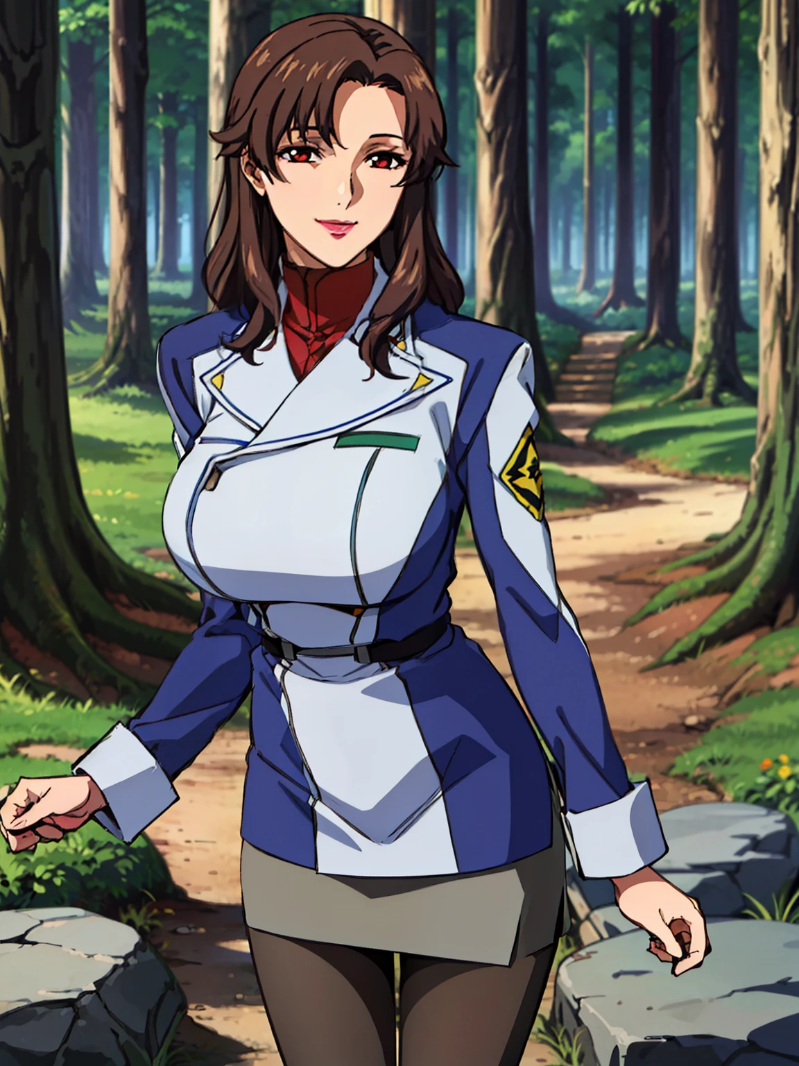 military uniform, military,jacket,blue and white uniform,Skirt, (black_pantyhose:1.3), (forest background), (sunny weather), Murrue Ramius, mature woman, anime cels style, best quality, high resolution, 1girl, (huge breasts:1.2), beautiful face, Beautiful Finger, Beautiful long legs, Beautiful body, Beautiful Nose,Beautiful character design, bangs, brown hair, long hair, red eyes, lipstick, makeup, (cowboy shot), smiling, looking at viewer