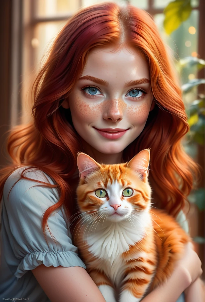 red-haired girl,red cat,ultra-detailed,(best quality,masterpieces:1.2),(photorealistic:1.37),(long,luscious,flowing:1.1)red hair,beautiful detailed eyes,young girl,adorable freckles,rosy cheeks, nose,dainty lips,sparkling eyes,lovely smile,matching outfits,delicate features,warm color palette,soft lighting,playful cat,curious expressions,vivid colors,sharp focus,bokeh effect,sunlit garden,masterful brushstrokes,meticulous attention to detail,picturesque scenery,impeccable rendering,precise shading,dynamic composition,realistic textures,epic scale,impressive visual impact (sharpnes:1,2)