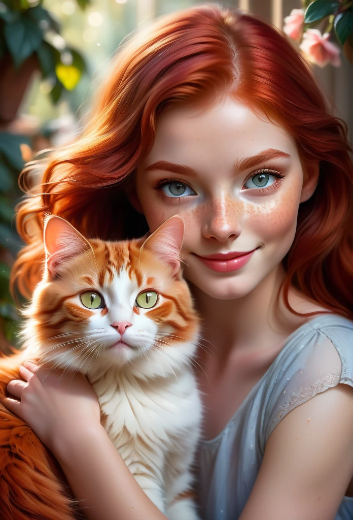 red-haired girl,red cat,ultra-detailed,(best quality,masterpieces:1.2),(photorealistic:1.37),(long,luscious,flowing:1.1)red hair,beautiful detailed eyes,young girl,adorable freckles,rosy cheeks, nose,dainty lips,sparkling eyes,lovely smile,matching outfits,delicate features,warm color palette,soft lighting,playful cat,curious expressions,vivid colors,sharp focus,bokeh effect,sunlit garden,masterful brushstrokes,meticulous attention to detail,picturesque scenery,impeccable rendering,precise shading,dynamic composition,realistic textures,epic scale,impressive visual impact (sharpnes:1,2)