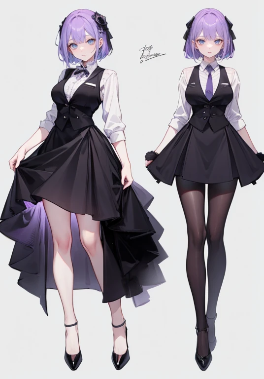((Perfect Face)),Purple Hair,,1 female,bartender,,Black vest,tie,High heels,,((Simple light color background)),((smile)),((Full Body)),((full body)),Portraits,virtual,upright,