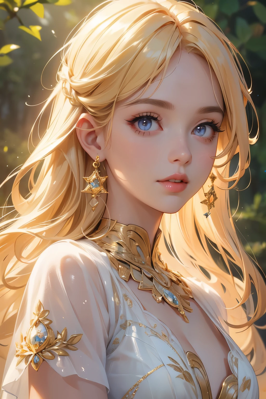 (best quality,4k,8k,highres,masterpiece:1.2),ultra-detailed,(realistic,photorealistic,photo-realistic:1.37),golden dress,golden hair,girl,goddess,beautiful detailed eyes,beautiful detailed lips,extremely detailed eyes and face,long eyelashes,shiny dress,sparkling accessories,golden aura,glowing skin,sunlit garden,lovely smile,vivid colors,portraits,soft lighting,ethereal atmosphere,luminous background
