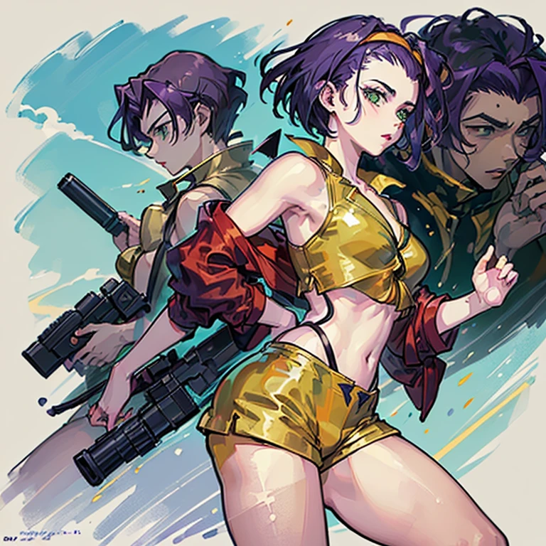 (Anime artwork, Anime Style, Studio Anime, Very detailed, Latest, Vibrant, Anime Coloring, High Contrast, masterpiece:1.2, highest quality, Best aesthetics), Cowboy Bebop_Artistic, Faye Valentine, 23-year-old woman, (Purple Hair, short hair, Green Eyes), (Yellow headband, Yellow sleeveless shirt, Cropped tops:1.2), (((There is a knot on the front)Red jacket:1.2)), Expose your shoulders:1.4, (Yellow hot pants:1.4), (White boots), (Dynamic Angle), (Ready your gun?, Glock 30:1.2, Gun Action, ), Simple Background, Plain background.