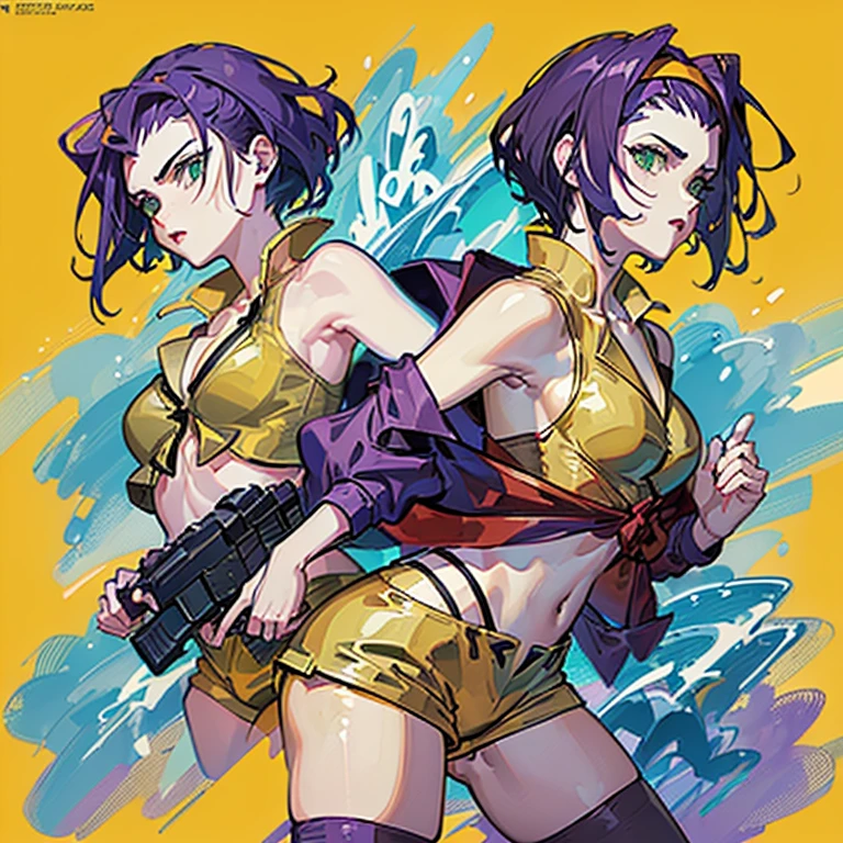 (Anime artwork, Anime Style, Studio Anime, Very detailed, Latest, Vibrant, Anime Coloring, High Contrast, masterpiece:1.2, highest quality, Best aesthetics), Cowboy Bebop_Artistic, Faye Valentine, 23-year-old woman, (Purple Hair, short hair, Green Eyes), (Yellow headband, Yellow sleeveless shirt, Cropped tops:1.2), (((There is a knot on the front)Red jacket:1.2)), Expose your shoulders:1.4, (Yellow hot pants:1.4), (White boots), (Dynamic Angle), (Ready your gun?, Glock 30:1.2, Gun Action, ), Simple Background, Plain background.