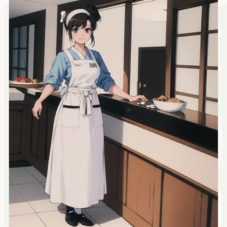 masterpiece,high quality,solo,
smile,
Chukaya,1woman,
mole under eye,
hair bun,
chef,
head scarf,kappougi,shirt,
waist apron,
full body,