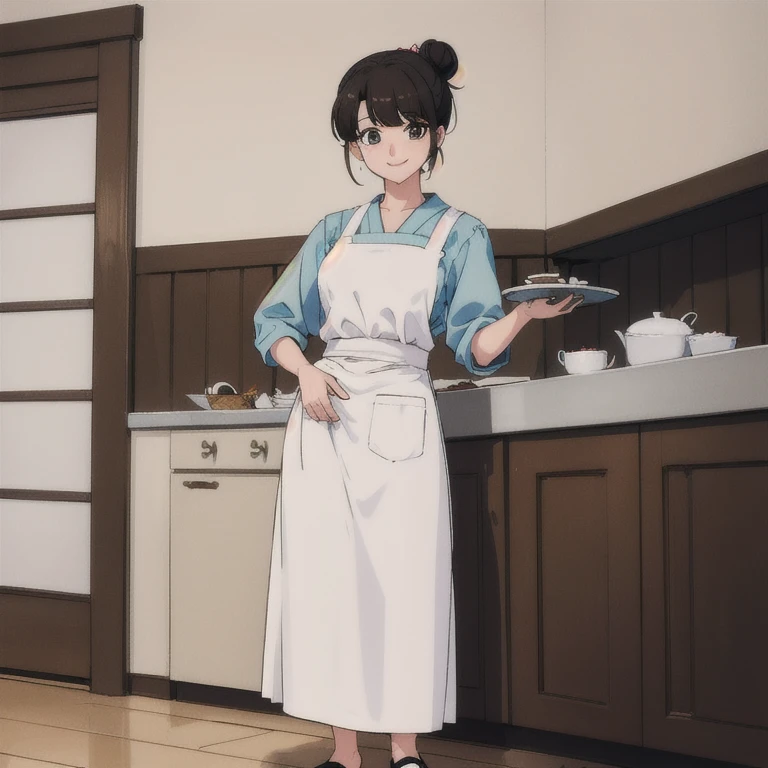 masterpiece,high quality,solo,
smile,
Chukaya,1woman,
mole under eye,
hair bun,
chef,
head scarf,kappougi,shirt,
waist apron,
full body,