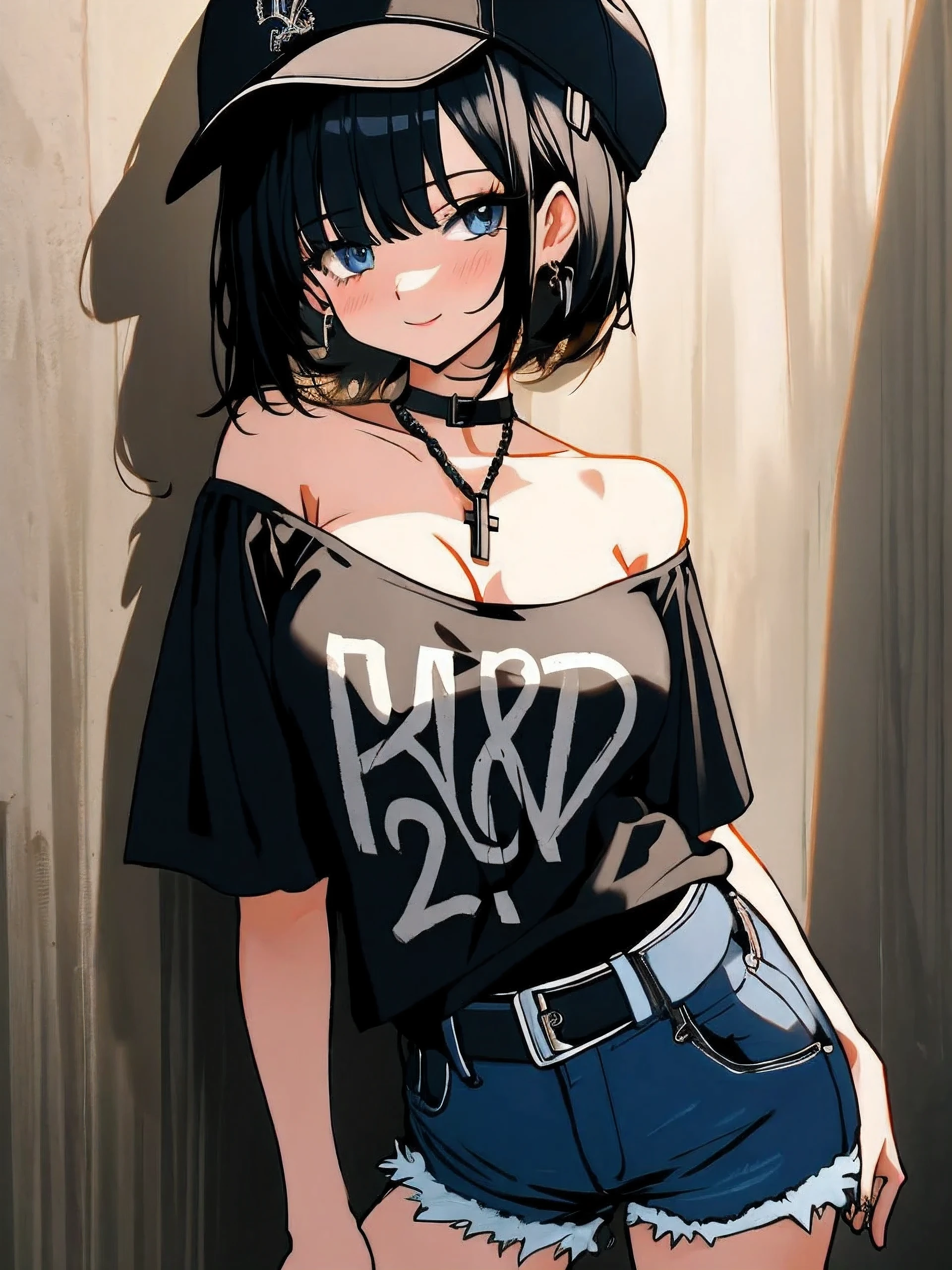 (Absurd, 8k, 4K, masterpiece, Extremely detailed:1.2), highest quality, Expressive eyes, High resolution, Perfect Eyes, One girl, Perfect Face, Perfect hands, short hair, Black Hair, Large bust, Crazy Face, black eye, Crazy Smile, Gothic, Cross Necklace, Black Shirt, Streetwear, Baseball cap, Curious, Half Body, Streetwear, Graphic T-shirts, Are standing, Leaning against a wall, Gothic, No background, Shocked, Concerned, Confused, Tilt your head, cowboy_shot, Shorts, Cleavage, Short shirt, Short denim,Bare shoulders