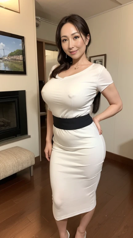 High resolution, high resolution, Attention to detail, masterpiece, Rough skin, Anatomically correct, sharp,
In the living room at home、
((japanese milf, 50 years old)), alone, ((Facial wrinkles)), Shapely large breasts, Random hairstyle, Chubby body type,
(((Accentuate your butt))) ,White blouse,Grey Thai skirt。Big Ass、Look Down、landscape,A gentle smile、A gaze that seduces viewers、