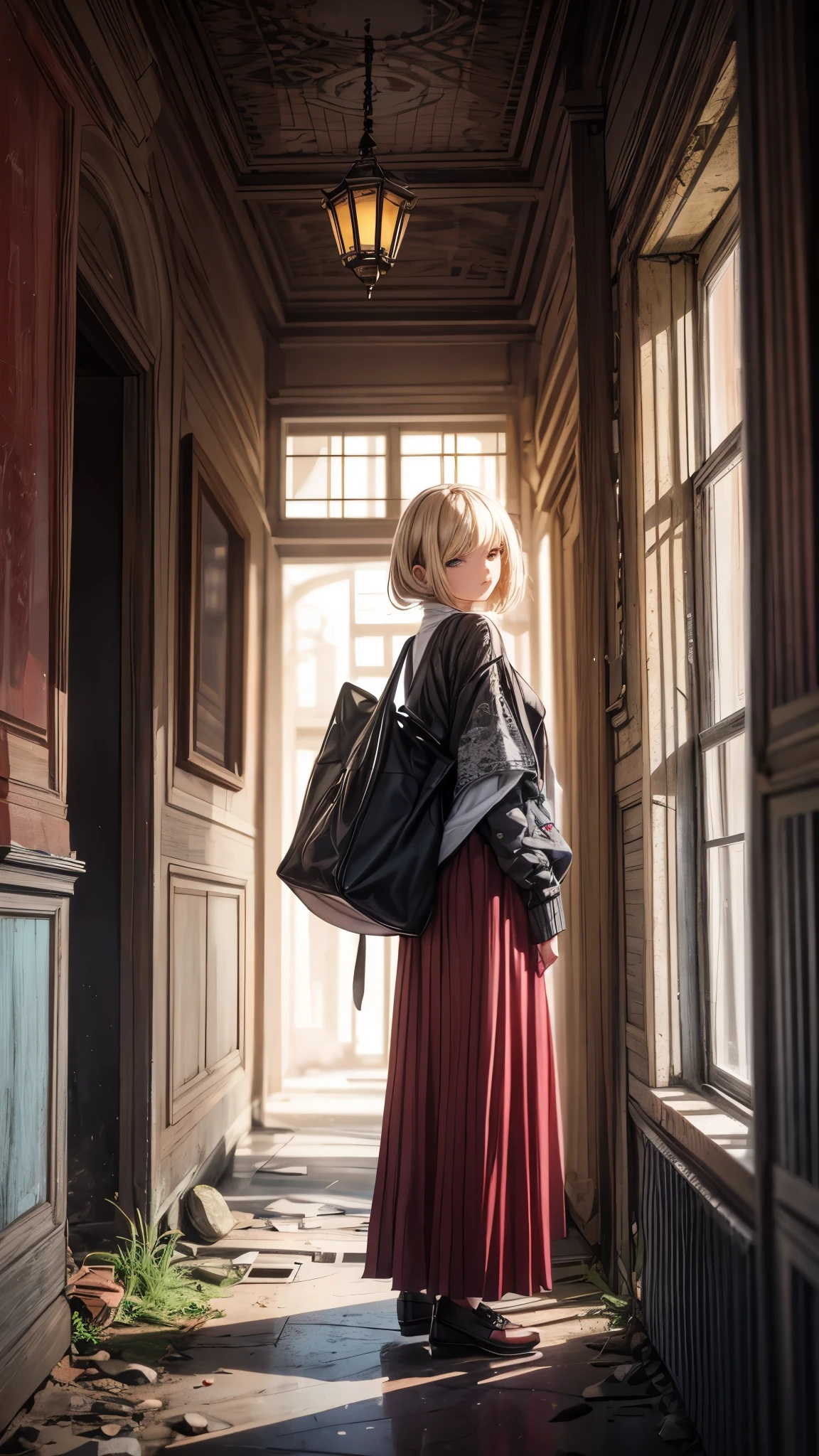 Outside the dark night,Inside the abandoned house,Inside the dark huge room,one woman 20years old,short blonde hair,she’s wearing army’s style,the woman is standing on the dark room,(woman close up)
