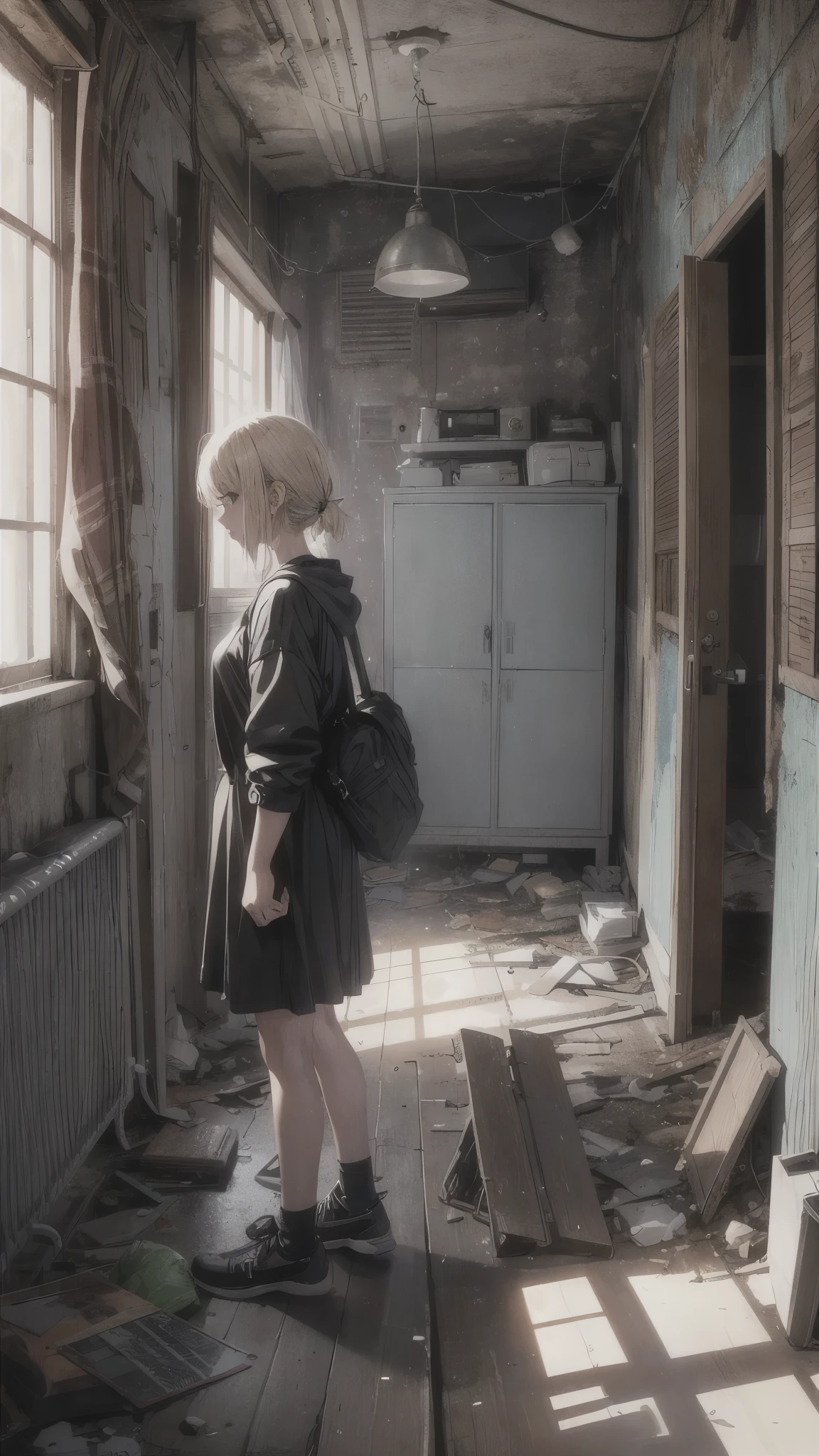 Outside the dark night,Inside the abandoned house,Inside the dark huge room,one woman 20years old,short blonde hair,she’s wearing army’s style,the woman is standing on the dark room,(woman close up)