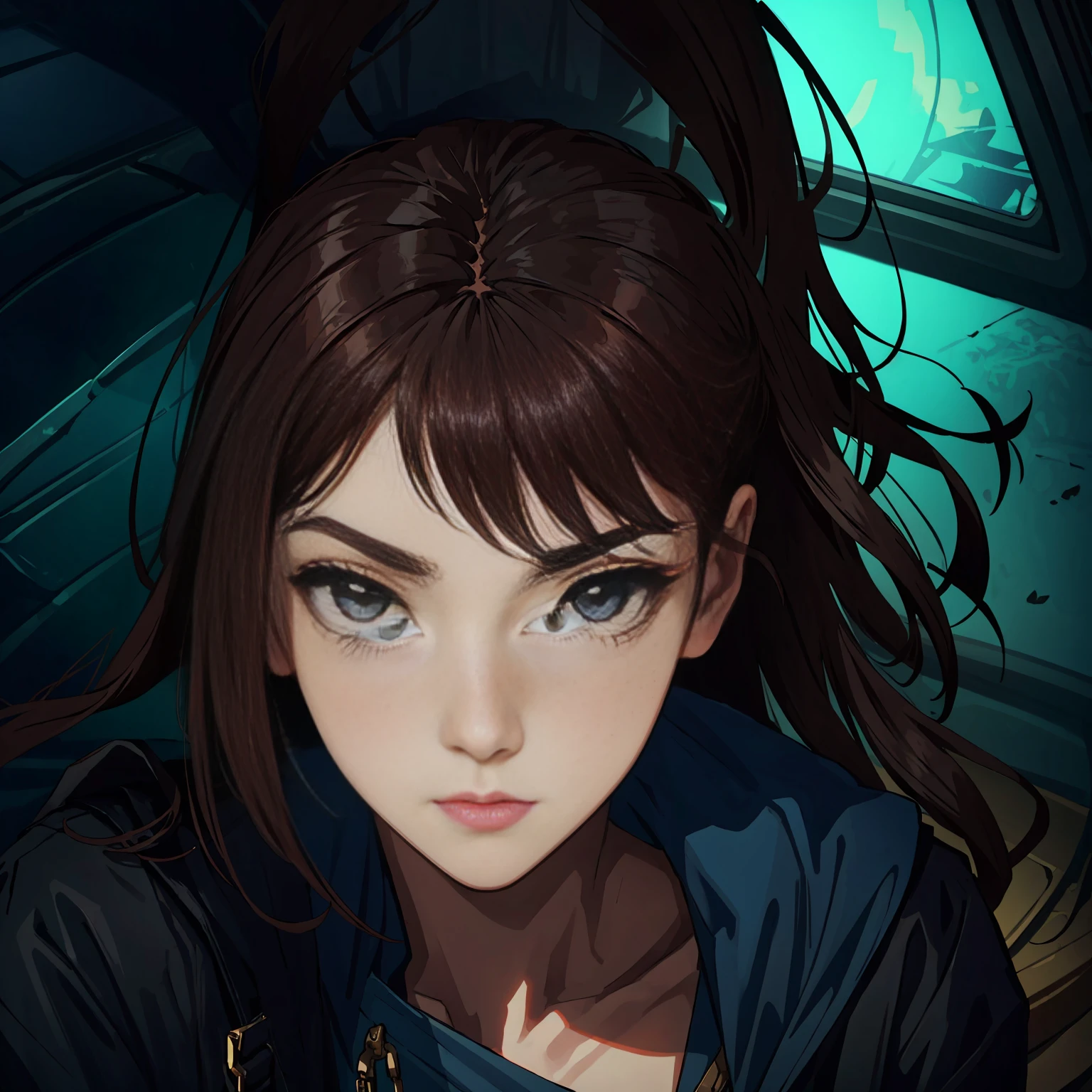 (8k, RAW photo, highest quality), beautiful girl, close up, dress, (detailed eyes:0.8), defiance512, (looking at the camera:1.4), (highest quality), (best shadow), intricate details, interior, ginger hair:1.3, dark studio, muted colors, freckle
