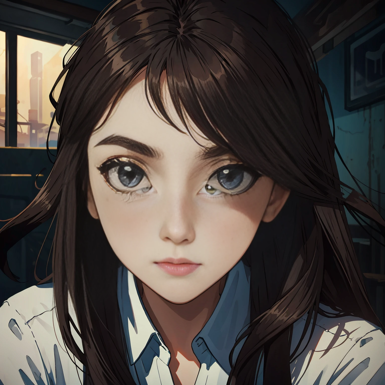 (8k, RAW photo, highest quality), beautiful girl, close up, dress, (detailed eyes:0.8), defiance512, (looking at the camera:1.4), (highest quality), (best shadow), intricate details, interior, ginger hair:1.3, dark studio, muted colors, freckle