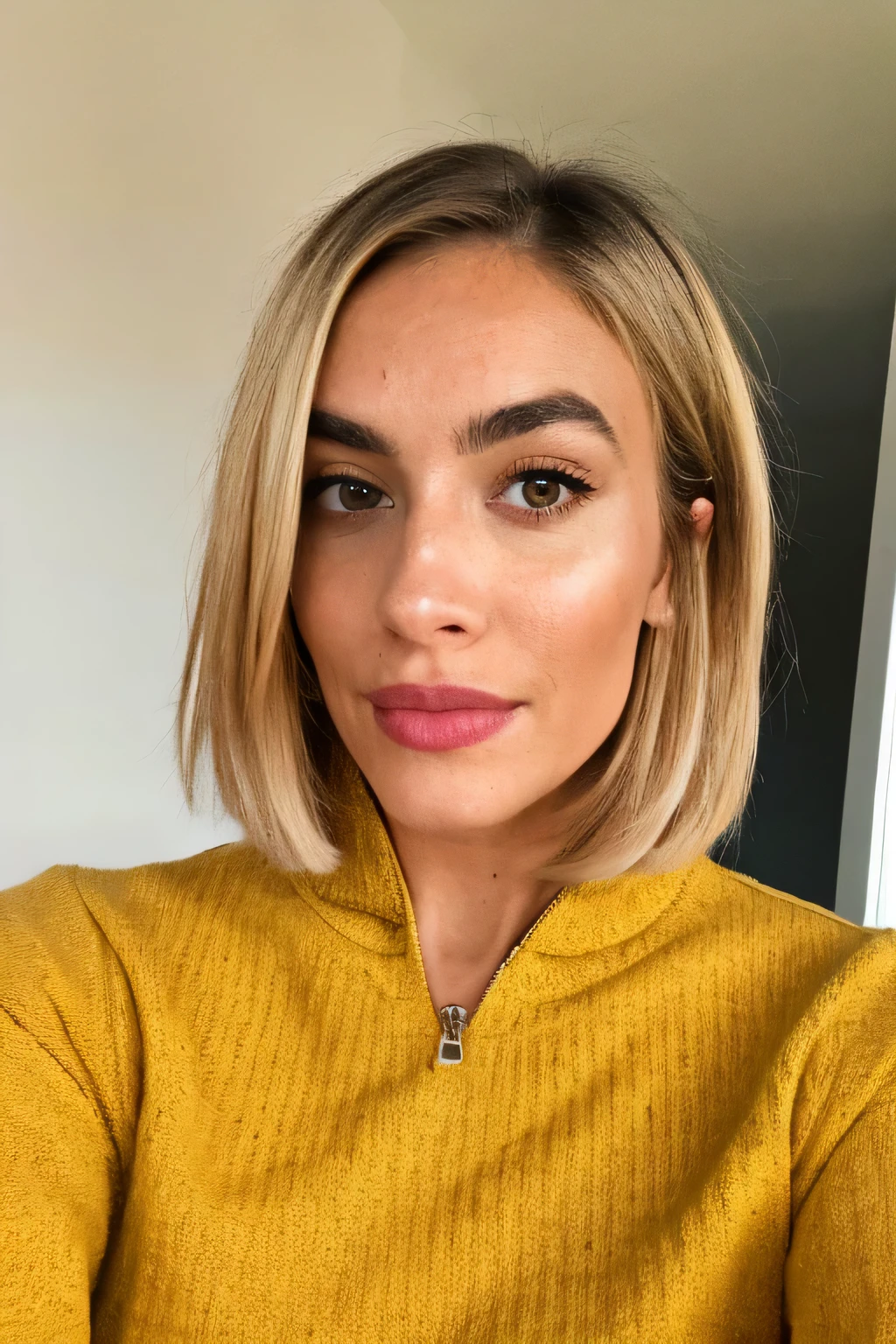 photograph, photo of beautiful woman, selfie, upper body, solo, wearing pullover, cheerful, blonde hair, bob haircut, full lips, perfect eyebrows, looking at viewer, taking a selfie, skin texture, close up, effortlessly chic, UHD