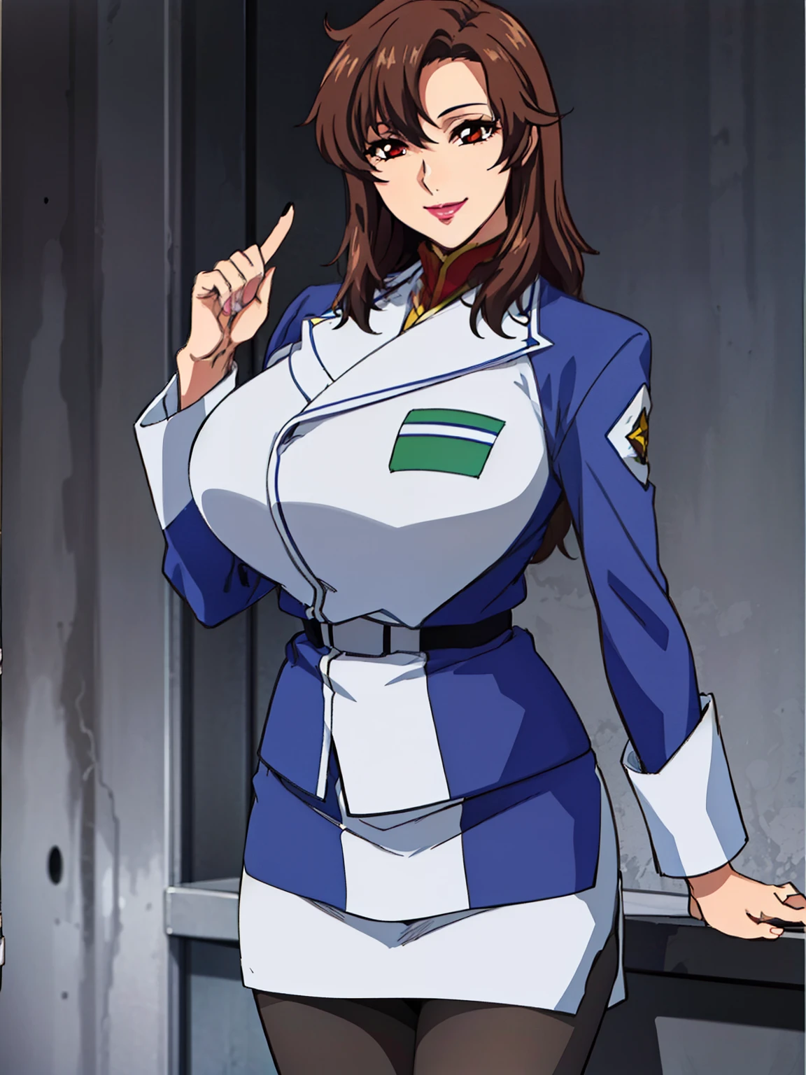 military uniform, military,jacket,blue and white uniform,Skirt, (black_pantyhose:1.3), (office background), (sunny weather), Murrue Ramius, mature woman, anime cels style, best quality, high resolution, 1girl, (huge breasts:1.2), beautiful face, Beautiful Finger, Beautiful long legs, Beautiful body, Beautiful Nose,Beautiful character design, bangs, brown hair, long hair, red eyes, lipstick, makeup, (cowboy shot), smiling, looking at viewer