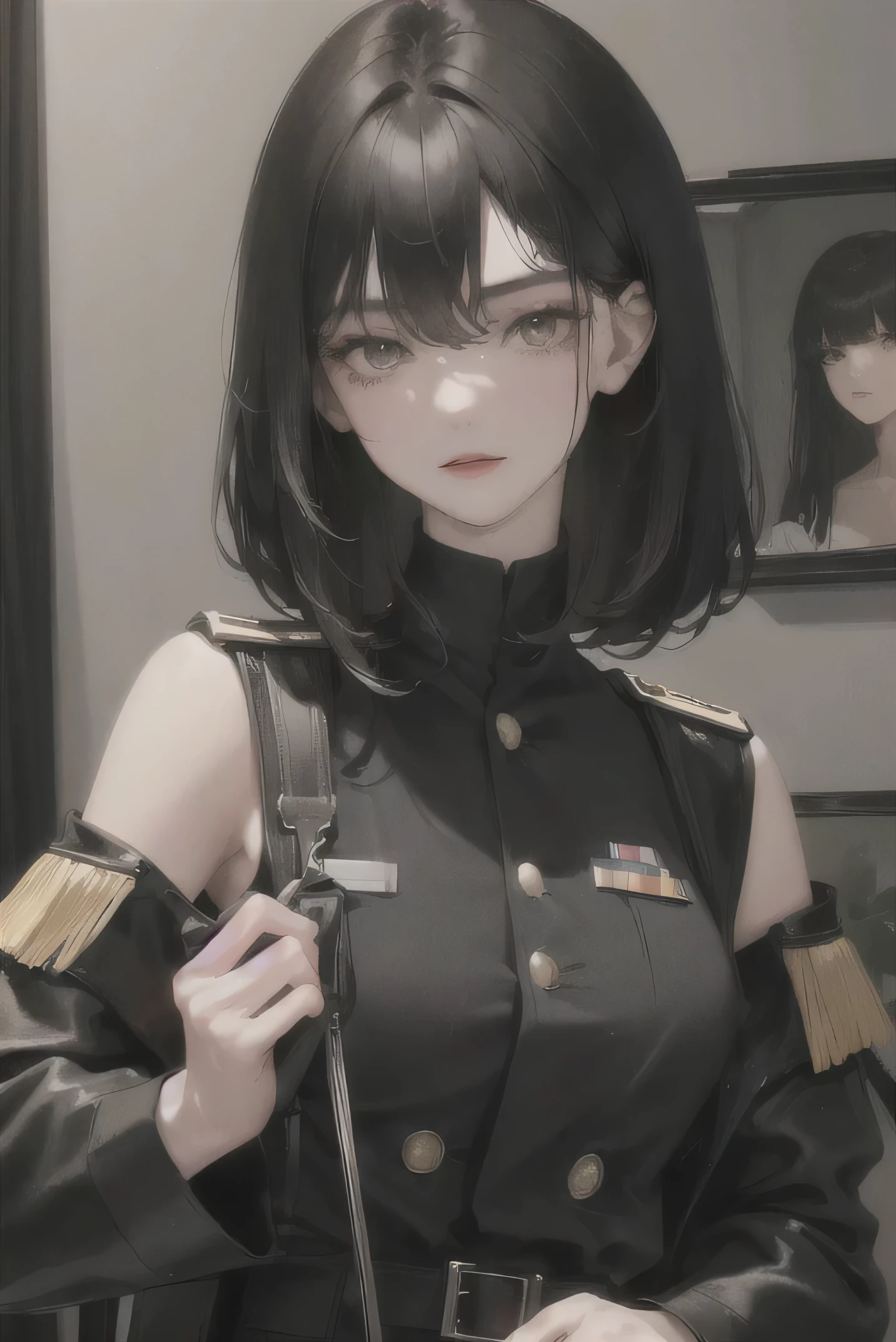 (highest resolution, distinct_image) best quality, woman, masterpiece, high detail, semi-realistic, short black hair, black hair, bangs, 21 years old, shoulder-length hair, mature, young, black clothes, black uniform, military academy beauty heroic heroic posture interior background exquisite and exquisite facial features