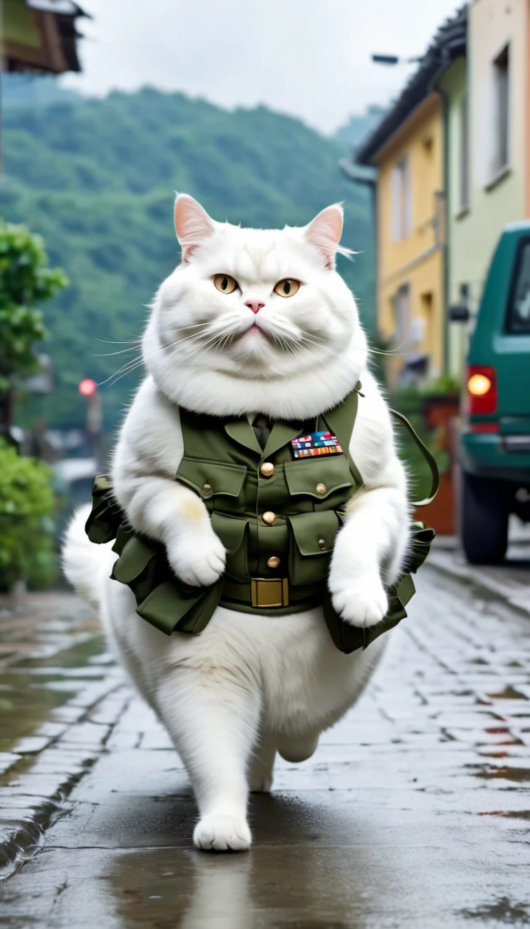 A fat white cat in military uniform is walking home with a happy face, thunder, 8k