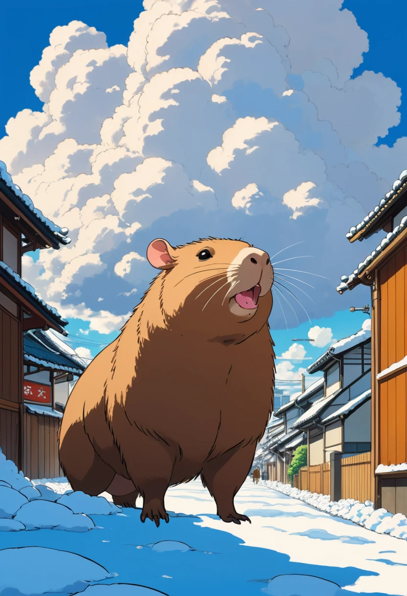 a cute capybara, in a beautiful anime scene by Hayao Miyazaki: a snowy Tokyo city with massive Miyazaki clouds floating in the blue sky, (masterpiece, best quality, perfect composition, very aesthetic, absurdres, ultra-detailed, intricate details, Professional, official art, Representative work:1.3)
