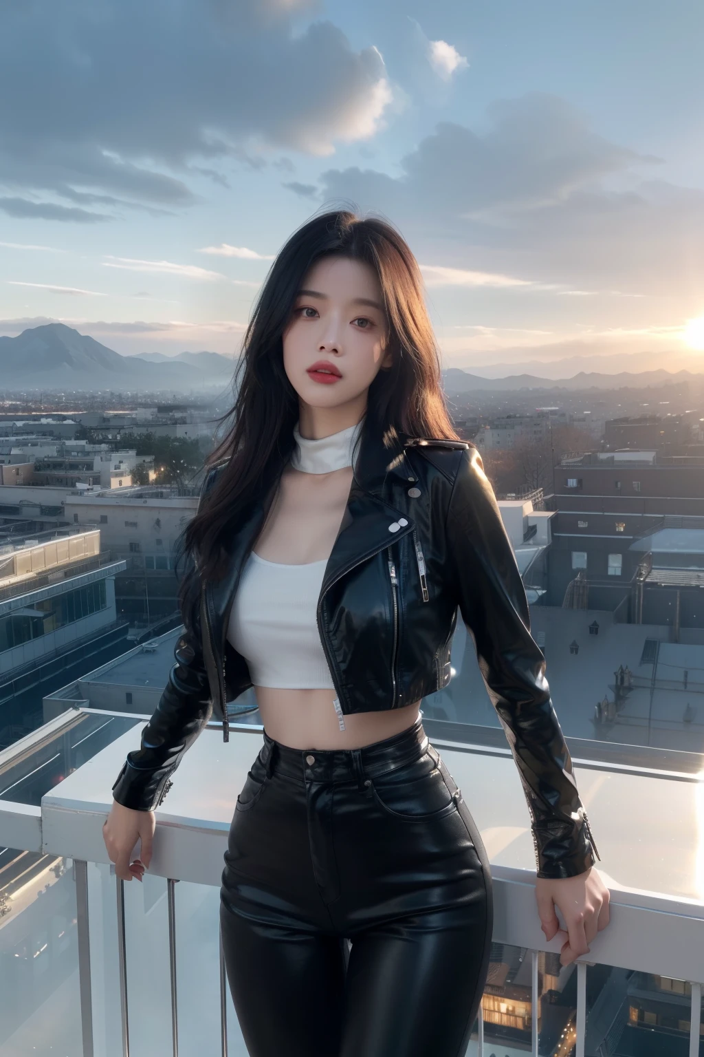 (masterpiece), Close Range,High Detail, high quality, Reality, Super detailed, Realistic skin texture, Perfect face, Elegant girl, Cool Girl,Beautiful hands, (giggle), Arrogant demeanor, (Full details Tuxedo set, Tight leather jacket,Skinny jeans,reflected light, Silver trim), white neon light, silver light, luminescent, Full lips, Glossy lips, Light makeup, hourglass body shape, Willow Waist, (Feel free to hairstyle, Expressive hair, Shiny hair, luminescent hair,black hair, (dusk sky, Mountain network construction,On the roof, Sunset Lights, cloud, Floating Island,There are many types of network architectures,Sci-fi background, High Detail background), Fantasy Art, high quality detailed art, A colorful combination of fantasy and reality, Internet Art Style, A beautiful fantasy smart girl, charming, Black and white color scheme, Standing ,Looking down from above,You can see the city below,