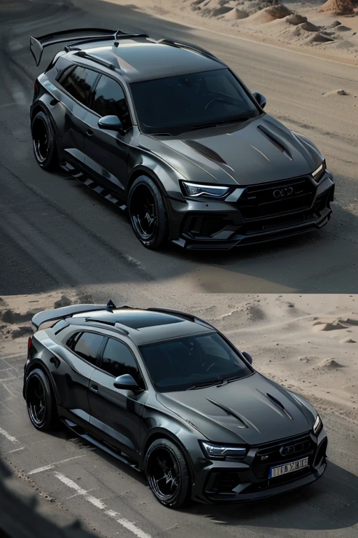 audi q5 2022, black, modified, nascar style vehicle, with lowered suspension, parked on the road in the beach at sunset
