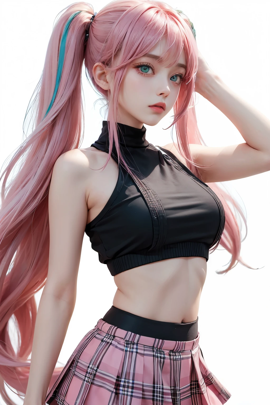 masterpiece, best quality, ultra detailed, 1girl, beautiful girl, long twintail hair, pink hair, green eyes, sharp eyes, bangs, crop top, plaid skirt, white background, long shot.