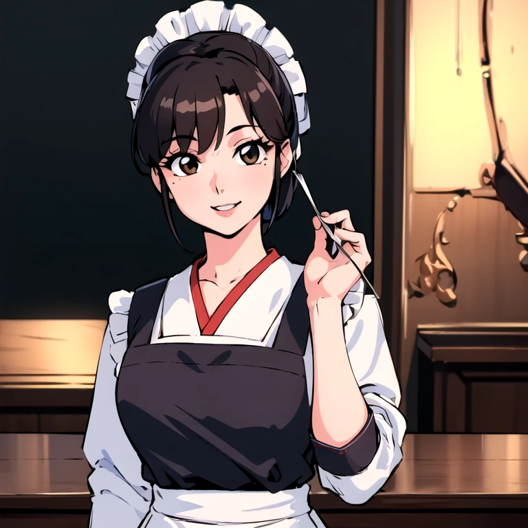 (best quality, highres, masterpiece:1.2), ultra-detailed, realistic:1.37, portraits, vivid colors, sharp focus, studio lighting, Chukaya, 1woman, beautiful detailed smile, mole under eye, hair bun, chef, head scarf, kappougi, shirt, waist apron, full body.