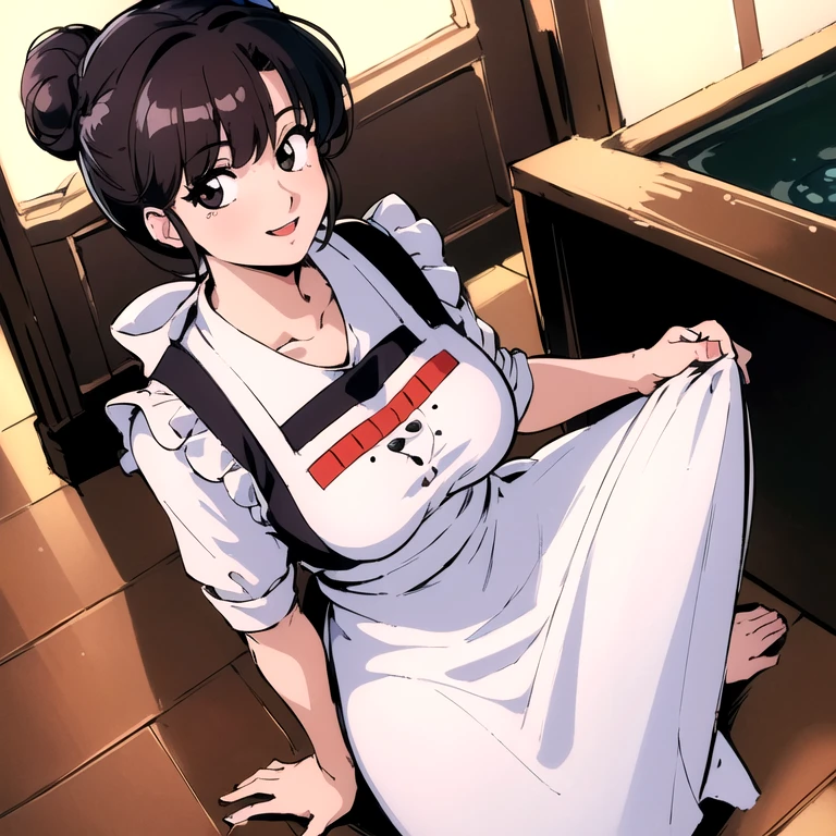 (best quality, highres, masterpiece:1.2), ultra-detailed, realistic:1.37, portraits, vivid colors, sharp focus, studio lighting, Chukaya, 1woman, beautiful detailed smile, mole under eye, hair bun, chef, head scarf, kappougi, shirt, waist apron, full body.