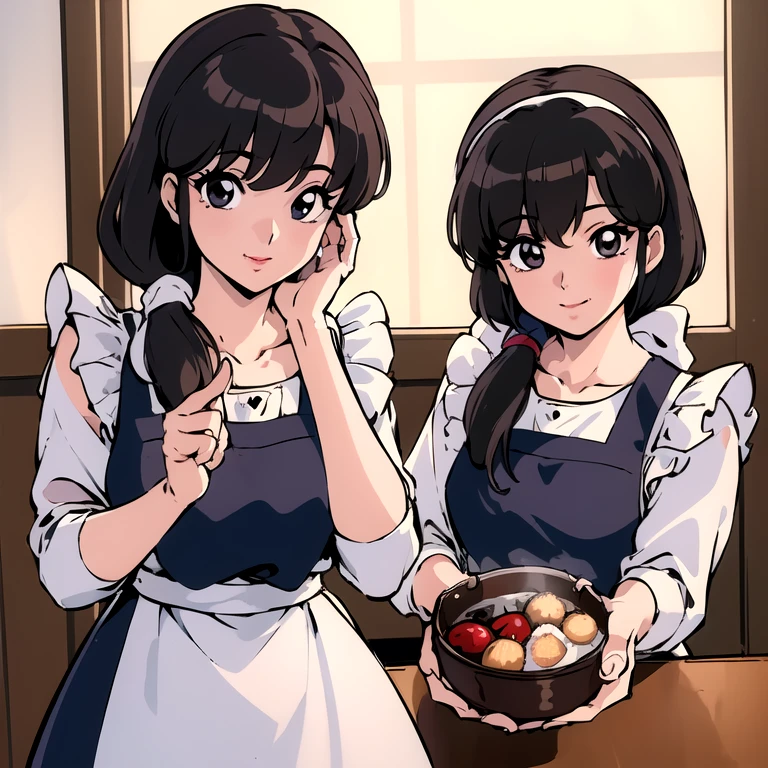 (best quality, highres, masterpiece:1.2), ultra-detailed, realistic:1.37, portraits, vivid colors, sharp focus, studio lighting, Chukaya, 1woman, beautiful detailed smile, mole under eye, hair bun, chef, head scarf, kappougi, shirt, waist apron, full body.