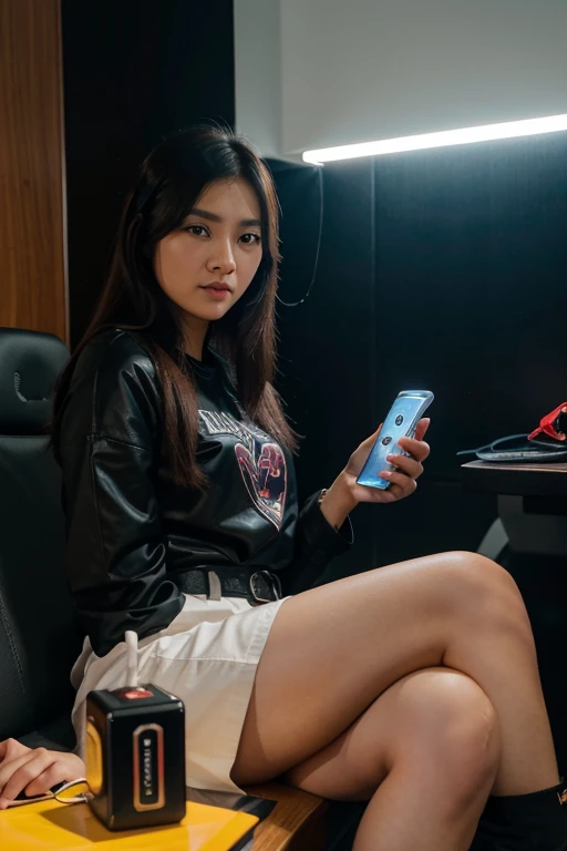 Seorang cewe Taiwan usia 28 tahun cantik putih mulus langsing sedang jongkok di depan Mobil Ferrari merah,Memakai Setelan jas warna Emas dengan Memakai Sepatu Panthople hitam, berambut Pirang, dengan Seorang Cewe usia 25 tahun sedang bersama y,Di Bawah y Ada Tulisan *Alexander Criville Creator* dengan Ejaan bahasa Indonesia yg benar, tampak bagian bawah mobil terangnoleh Neon box Blue Light,dengan mesin on,lampu LED utama depan menyala terang, Fotography view Real Human HD 32K hyper Realistik