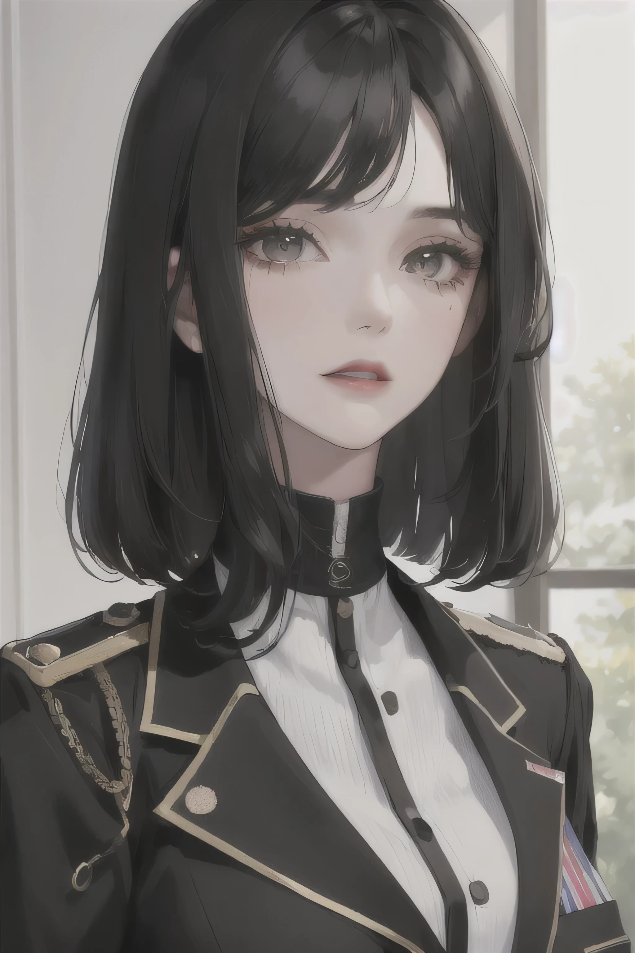 (Highest Resolution, clear_image) Best Quality, woman, masterpiece, Very detailed, Semi-realistic, Black short hair, Black Hair, bangs, Iris, 21 years old, Shoulder-length hair, mature, Red lips, Black clothes, Black Uniform, uniform, army sergeant school, beautiful, heroic, heroic, Indoor Background, Delicate facial features, Delicate facial features