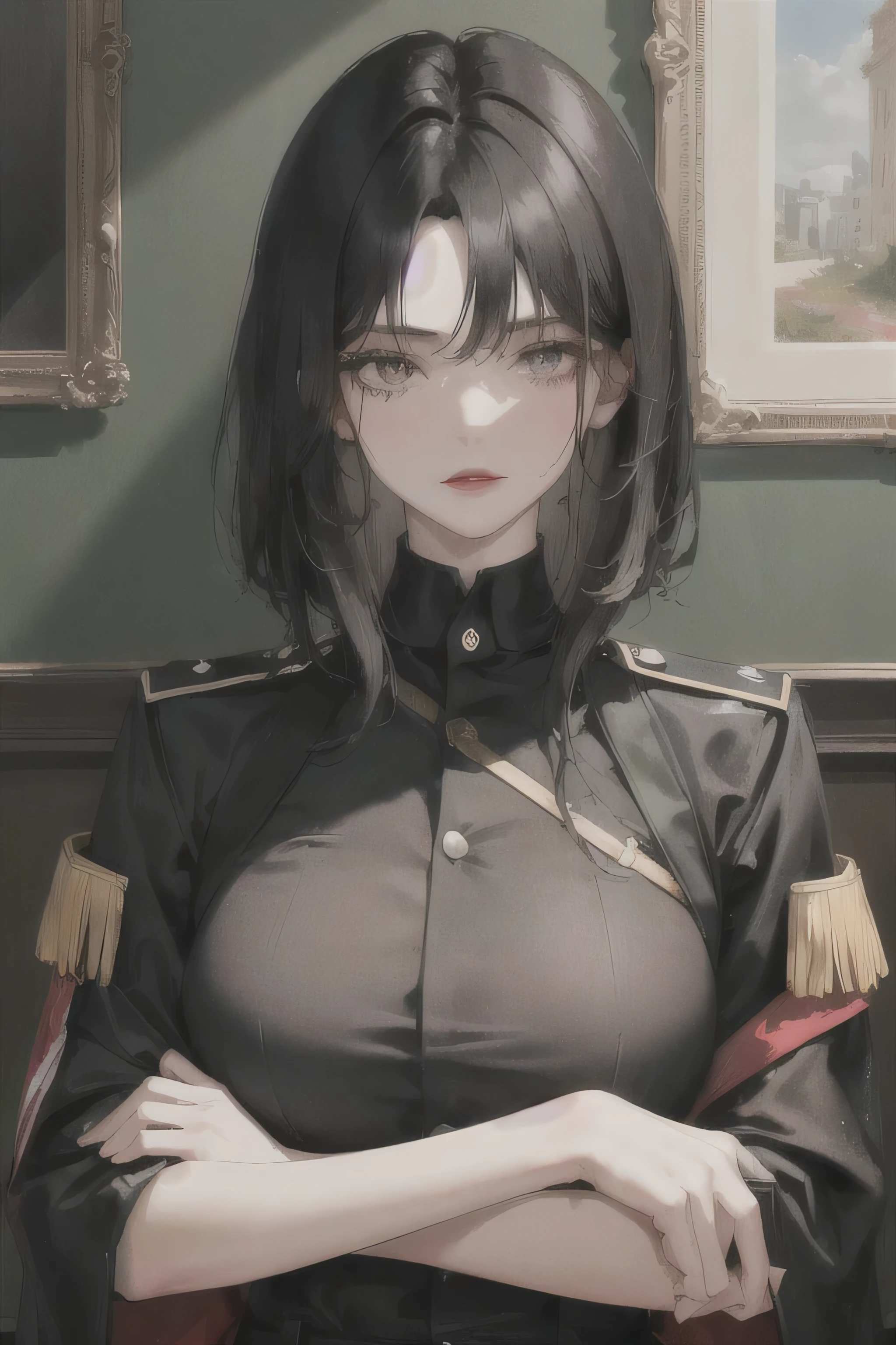 (Highest Resolution, clear_image) Best Quality, woman, masterpiece, Very detailed, Semi-realistic, Black short hair, Black Hair, bangs, Iris, 21 years old, Shoulder-length hair, mature, Red lips, Black clothes, Black Uniform, uniform, army sergeant school, beautiful, heroic, heroic, Indoor Background, Delicate facial features, Delicate facial features