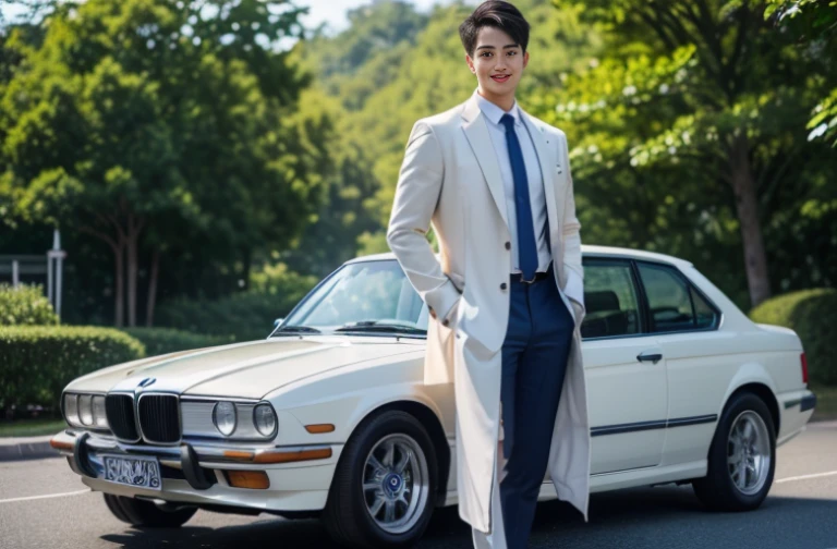 ((The man is on the left front of the car))((Exactly correct ratio of people to cars)) (( big eyes and keep eyes contact ))(( real photos))((highest quality))The light on the face is natural and realistic(( Smile and comfortable )) (One wearing a white shirt、Asian man in suit and tie,Age 28.Height 182 cm)、best quality、masterpiece、Ultra-high resolution、(Photo realism:1.4)、Full body image、(A young handsome man in a suit standing on the street outdoor、Standing under the red maple tree、Red and big maple leaves、delicate leaves、branch details)、(A white BMW car next to the man、Man&#39;s hands on car roof)Octane Rendering、8K、Super sharp、realistic light、(There is only one car on the street、man&#39;s big shining eyes、looking in the direction of the camera)、、Ultra high quality、tall gentleman、very beautiful hair、Bright photos、As handsome as a model、As handsome as an idol,Professional profile photo, Professional portrait photos、Realistic portrait photos, Detailed color portrait, Portrait of an idol, High quality full body portrait photos.