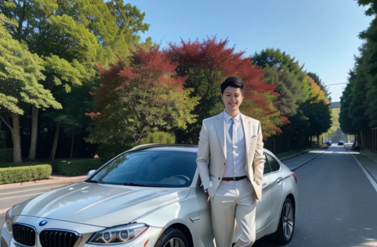 ((The man is on the left front of the car))((Exactly correct ratio of people to cars)) (( big eyes and keep eyes contact ))(( real photos))((highest quality))The light on the face is natural and realistic(( Smile and comfortable )) (One wearing a white shirt、Asian man in suit and tie,Age 28.Height 182 cm)、best quality、masterpiece、Ultra-high resolution、(Photo realism:1.4)、Full body image、(A young handsome man in a suit standing on the street outdoor、Standing under the red maple tree、Red and big maple leaves、delicate leaves、branch details)、(A white BMW car next to the man、Man's hands on car roof)Octane Rendering、8K、Super sharp、realistic light、(There is only one car on the street、man's big shining eyes、looking in the direction of the camera)、、Ultra high quality、tall gentleman、very beautiful hair、Bright photos、As handsome as a model、As handsome as an idol,Professional profile photo, Professional portrait photos、Realistic portrait photos, Detailed color portrait, Portrait of an idol, High quality full body portrait photos.