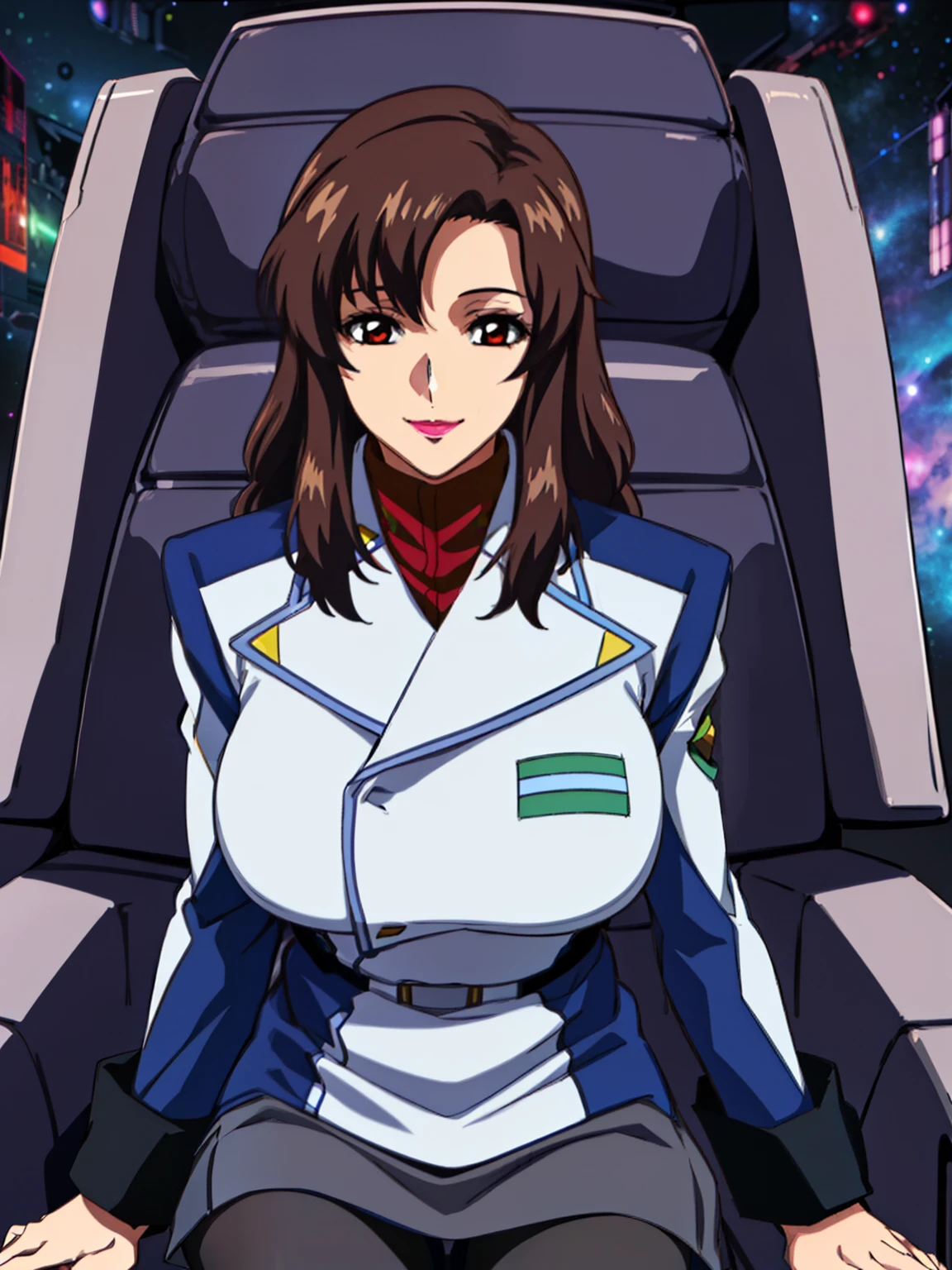 sitting on captain seat, military uniform, military,jacket,blue and white uniform,Skirt, (black_pantyhose:1.3), (space ship background), Murrue Ramius, mature woman, anime cels style, best quality, high resolution, 1girl, (huge breasts:1.2), beautiful face, Beautiful Finger, Beautiful long legs, Beautiful body, Beautiful Nose,Beautiful character design, bangs, brown hair, long hair, red eyes, lipstick, makeup, (cowboy shot), smiling, looking at viewer