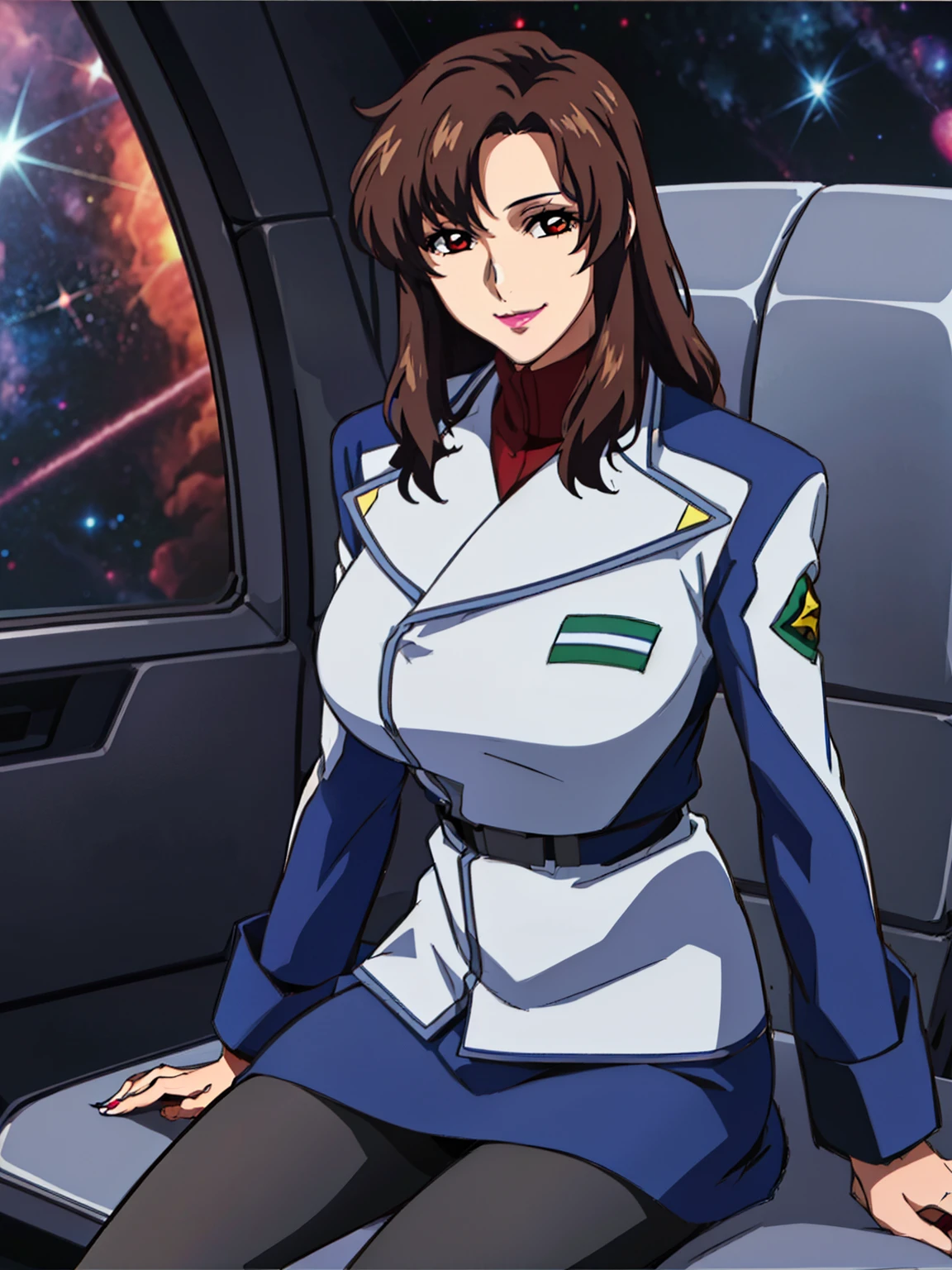 sitting on captain seat, military uniform, military,jacket,blue and white uniform,Skirt, (black_pantyhose:1.3), (space ship background), Murrue Ramius, mature woman, anime cels style, best quality, high resolution, 1girl, (huge breasts:1.2), beautiful face, Beautiful Finger, Beautiful long legs, Beautiful body, Beautiful Nose,Beautiful character design, bangs, brown hair, long hair, red eyes, lipstick, makeup, (cowboy shot), smiling, looking at viewer