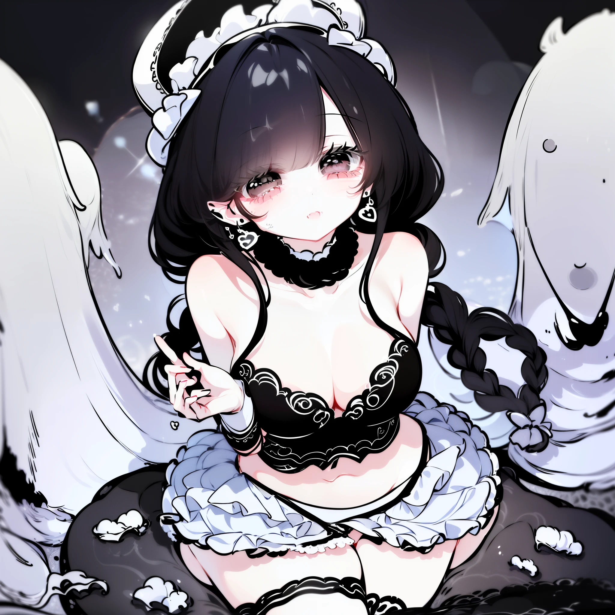 (((masterpiece, illustration, sharp outline)), monochrome,(Simple background, Transparent Background, exotic Simple background), A girl,Long hair, Set, dress,Tutu,whole body,cry,cute,curls,braid,Love earrings,cute tiled parts