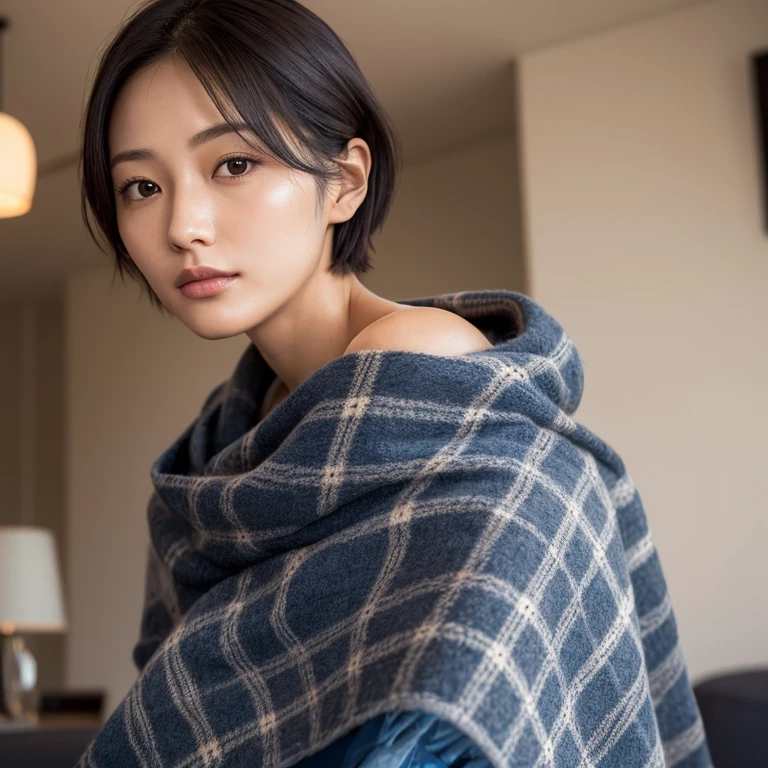 The face of a beautiful Japanese woman in her thirties with short hair, wearing a dark blue long-sleeved cotton shirt, wrapped in a black and gray plaid blanket, looking away and thinking in the living room at night. Focal length 100mmf/2.8, spring night, dark living room on the upper floor of a high-rise apartment, single indirect light, well-shaped face, toned body, maximum close-up of eyes, low angle, sense of presence, 8K image quality, highest quality.