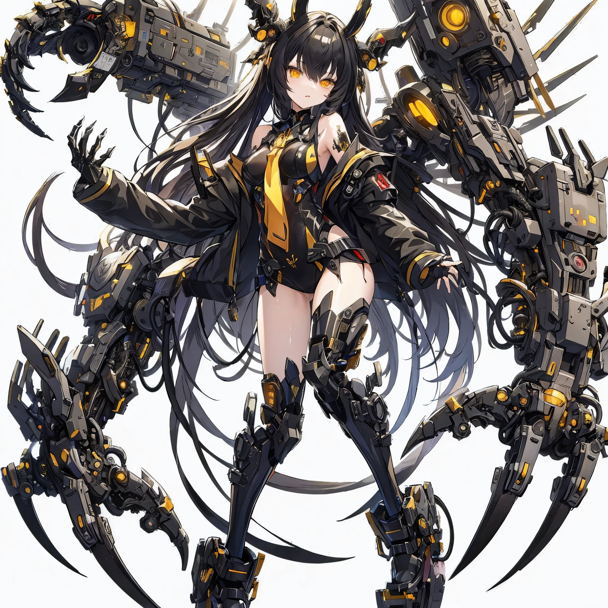 (Masterpiece, top quality), (detailed hair), super detailed, anime style, full body, solo, girl dressed in a mechanical demon costume, neck-length black-yellow hair, gold eyes, right arm converted to cybernetic huge terrifying claw. sci-fi pilot jumpsuits, cyber horned, heavy massive boots, white background, whole body, standing in wasteland, fighting pose