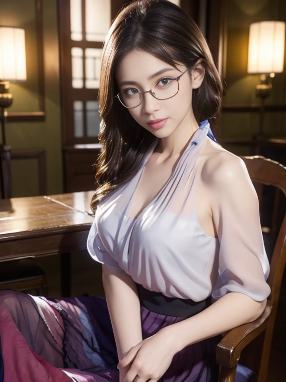 (Realistic、High resolution:1.3),alone, One Girl, masterpiece, highest quality, Very detailed, Cinema Lighting, Intricate details, High resolution, Official Art, Beautifully detailed face and eyes, High resolutionのイラスト, 8k, (Short Chignon Hair), Ash Brown Hair:1.3, Very thin body, ((Chiffon long skirt、Chiffon blouse:1.3)) 、Single Blade, blue eyes, Glasses, Crossing your legs, Sit on a chair, patterned high heels,Upper Body, Big Breasts, Book_stack, library, ((vine)), Looking at the audience
