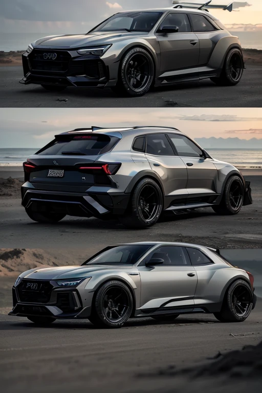 audi q5 2022, black, modified, nascar style vehicle, with lowered suspension, parked on the road in the beach at sunset