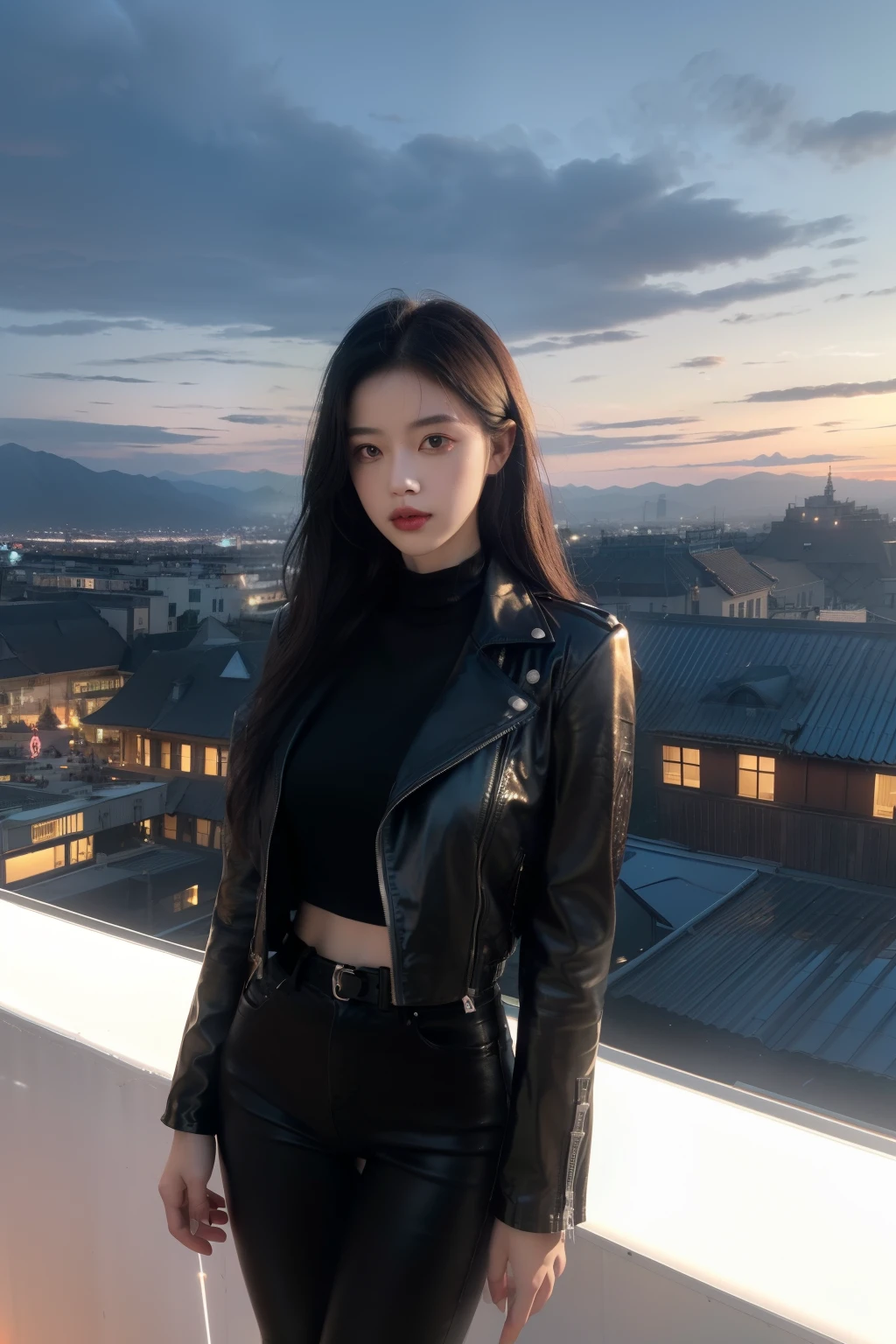 (masterpiece), Close Range,High Detail, high quality, Reality, Super detailed, Realistic skin texture, Perfect face, Elegant girl, Cool Girl,Beautiful hands, (giggle), Arrogant demeanor, (Full details Tuxedo set, Tight leather jacket,Skinny jeans,reflected light, Silver trim), white neon light, silver light, luminescent, Full lips, Glossy lips, Light makeup, hourglass body shape, Willow Waist, (Feel free to hairstyle, Expressive hair, Shiny hair, luminescent hair,black hair, (dusk sky, Mountain network construction,On the roof, Sunset Lights, cloud, Floating Island,There are many types of network architectures,Sci-fi background, High Detail background), Fantasy Art, high quality detailed art, A colorful combination of fantasy and reality, Internet Art Style, A beautiful fantasy smart girl, charming, Black and white color scheme, Standing ,Looking down from above,You can see the city below,