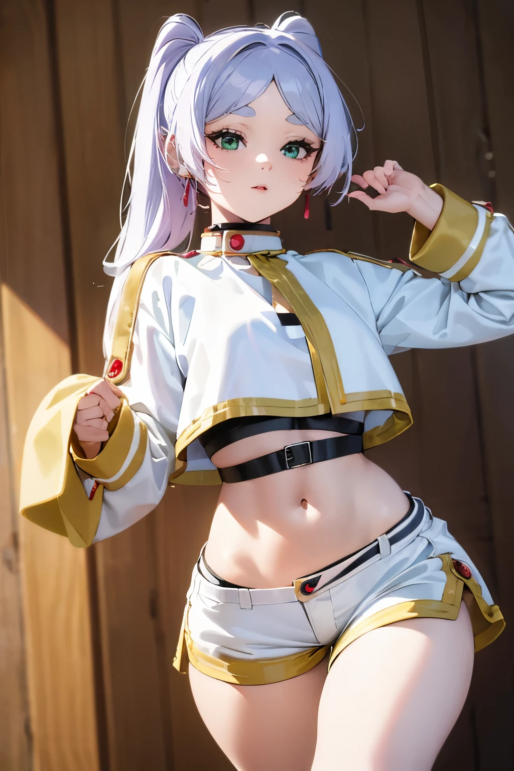 TopazV4, peitos medios, apalpando os peitos, sorriso sexy, (alta qualidade, 8k, obra prima, qualidade ultra, extremamente detalhado, bem colorido, no blurries, foco absoluto, impeccable quality), 1girl, highleg panties, hooded jacket, open jacket, hands, bikini, best quality, highly detailed