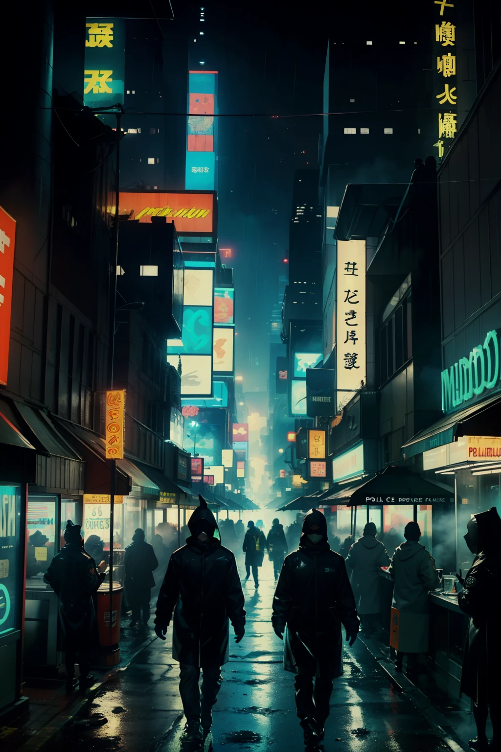 ((highest quality)), ((masterpiece)), (be familiar with), (High definition), (Accurate), (Realistic), (Cinematic), (Best Shadow), (Low contrast), (8K), Perfect Face, ((SYD MEAD style)), manga、mangaデザイン、Storyboard、Frame division、(On the runの女性)、(Replicant), (Black Hair, very short hair, Blue Eyes, Police black hooded raincoat), (He is watching the police from the shadows.)、On the run、(Two police officers from the Metropolitan Police Department)、(Glittering neon signs)、congestion, congestion, Decadent Future City, NEO TOKYO, A.D.2051, (steam:1.2), It's raining white, evening,