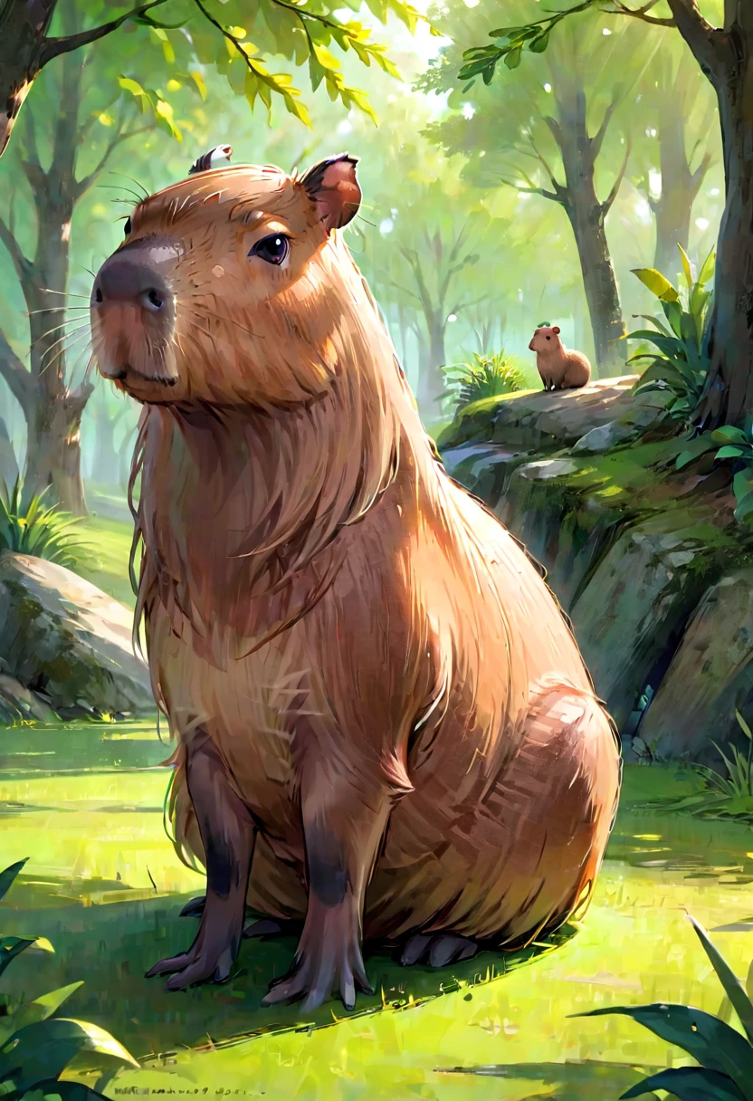 A Capybara, (best quality, realistic:1.2),peaceful,capybara,capybara in a grassy field,brown furry capybara,brown fur,big round eyes, soft lighting,gentle shadows,sitting quietly relaxed,capybara sitting, nature animals,grassy field,green grass,bright sunny warm, realistic detailed artwork,detailed fur texture,high-res image,capturing every strand of fur, peaceful atmosphere,tranquil scene,serene, soft and calming colors,earth tones,brown and green color palette, blissful expression,content and at ease,capybara's relaxed posture, nature-inspired lighting effect,subtle sunlight filtering through the trees, immersive artwork,feeling as if you can reach out and touch the capybara's fur.